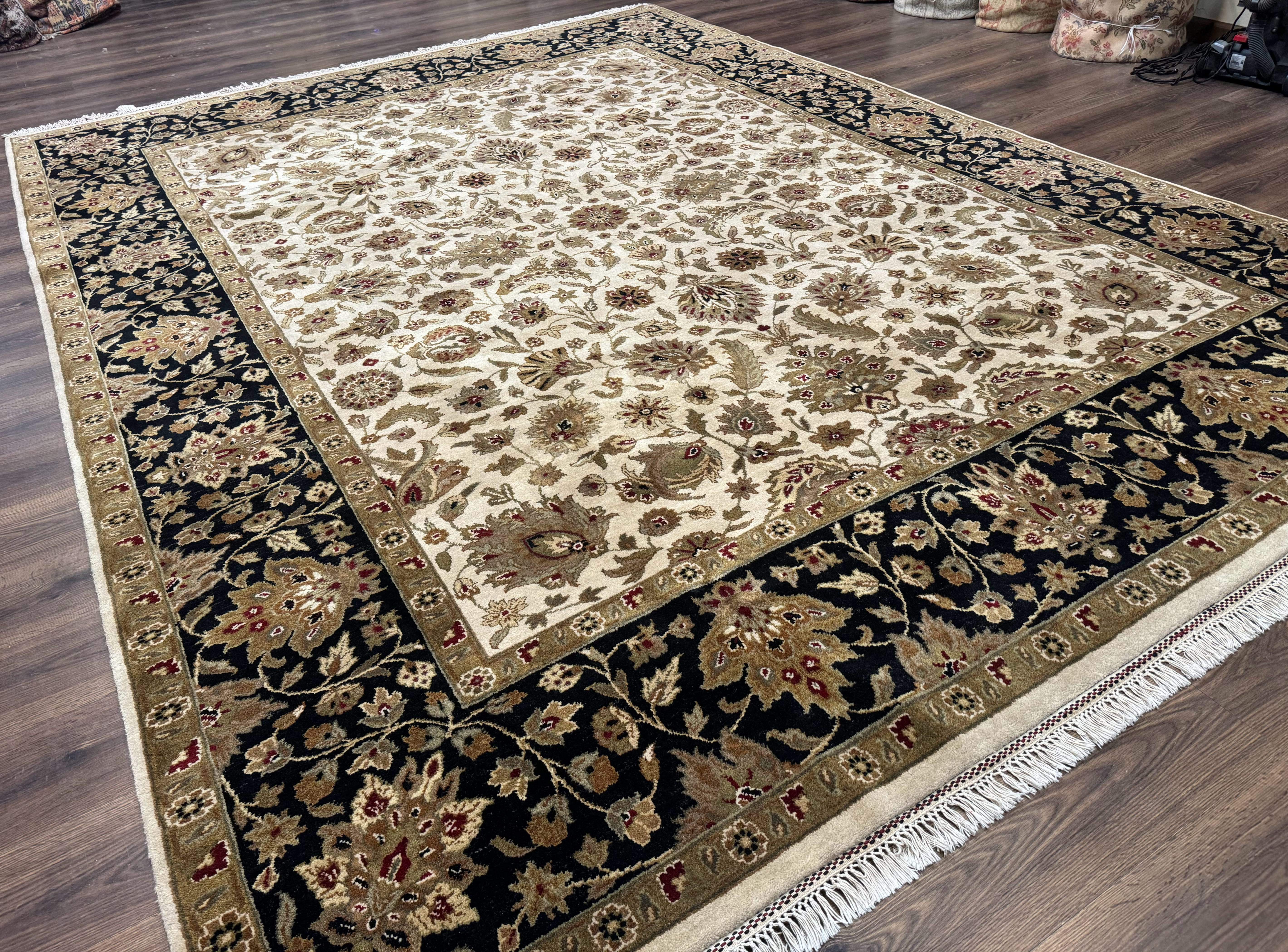 Indo Persian Mahal Rug 9x12, Cream and Black, Hand Knotted Wool Traditional Oriental Carpet - Jewel Rugs