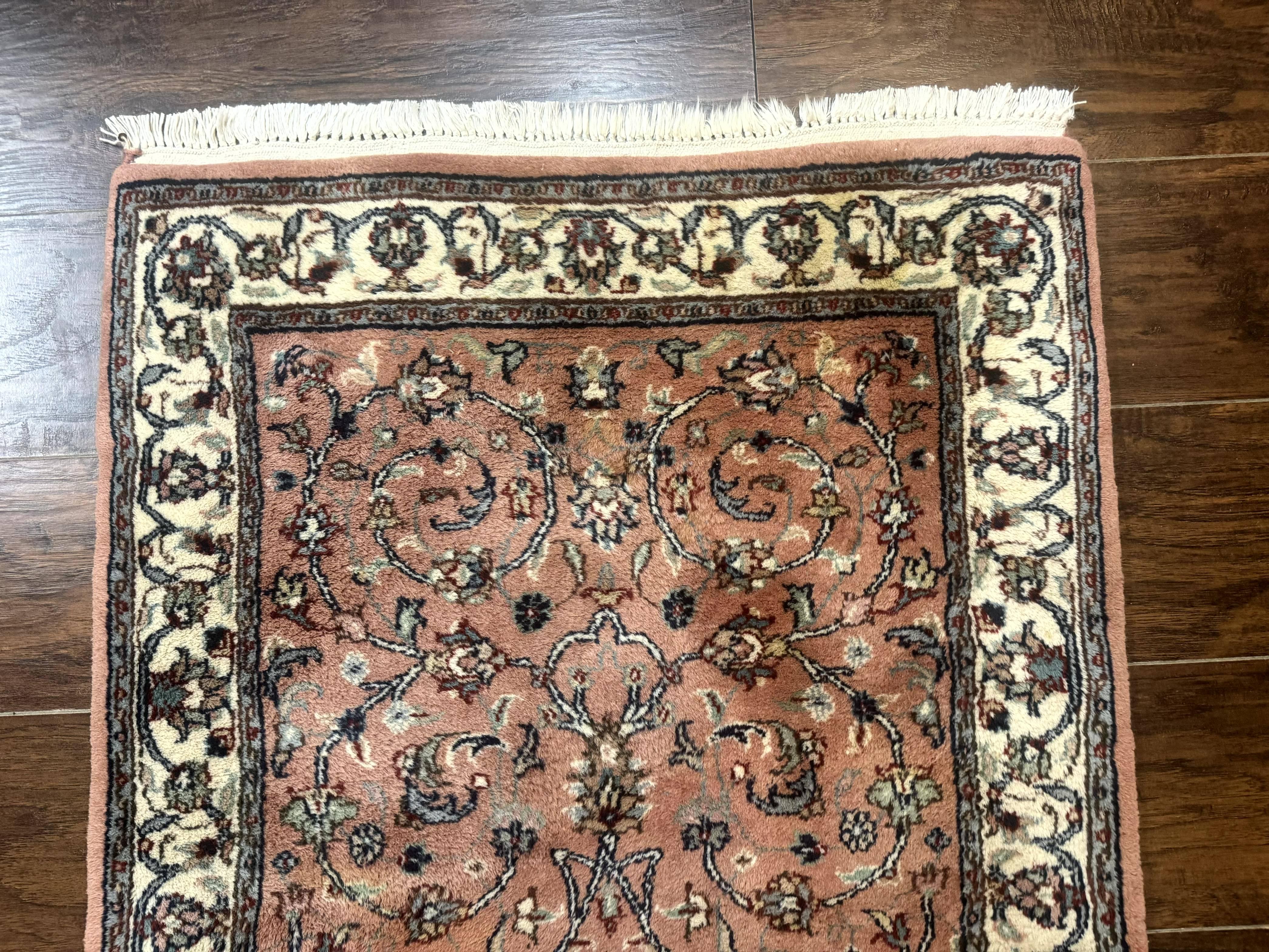 Indo Persian Runner Rug 2.6 x 10, Coral and Cream, Hand Knotted 10ft Wool Oriental Runner for Hallway or Kitchen - Jewel Rugs