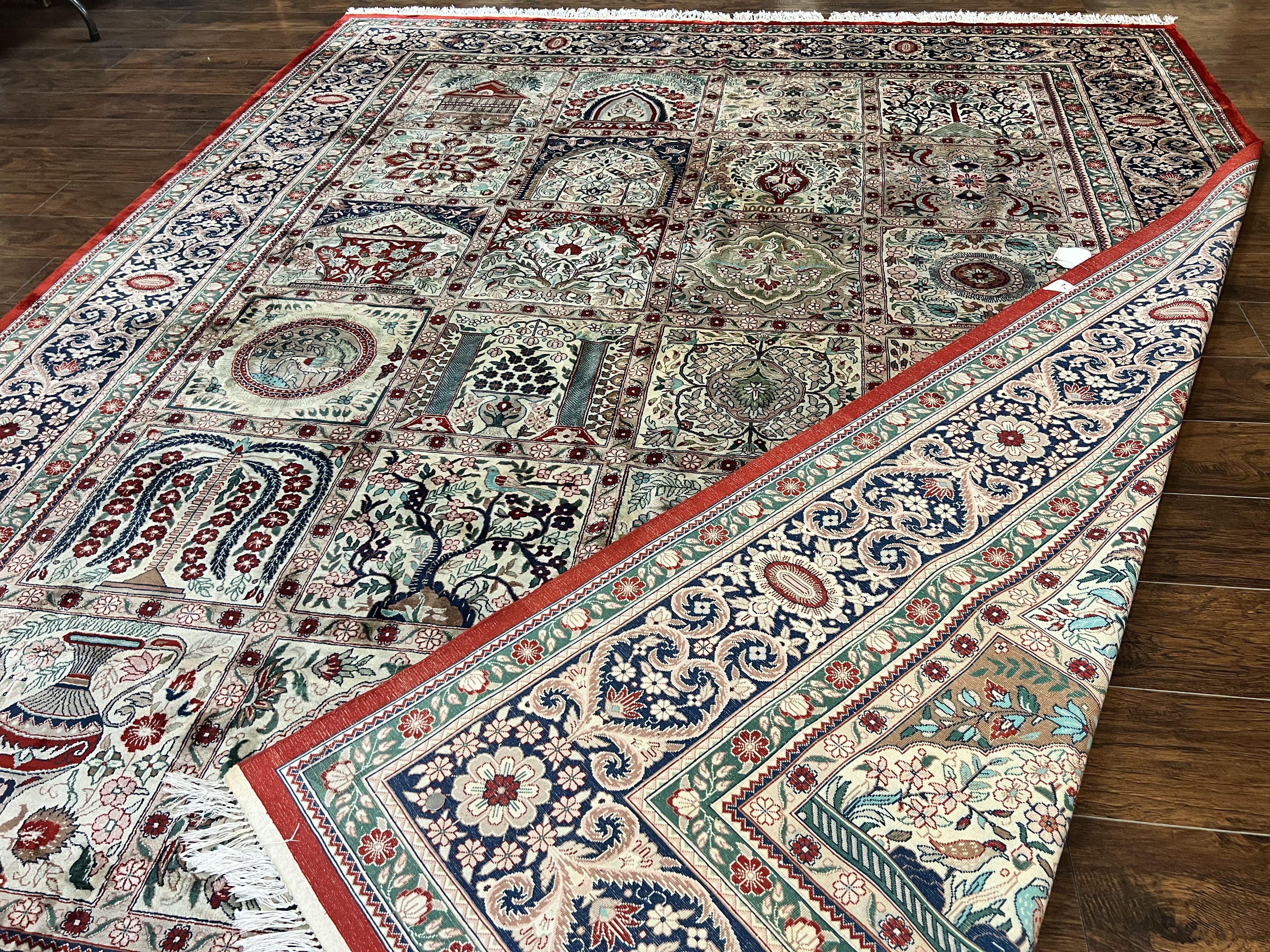 Silk Sino Persian Rug 9x12, Panel Design, Garden of Eden Pattern, Fine 200 KPSI, Hand Knotted Room Sized Silk Carpet, Vintage - Jewel Rugs