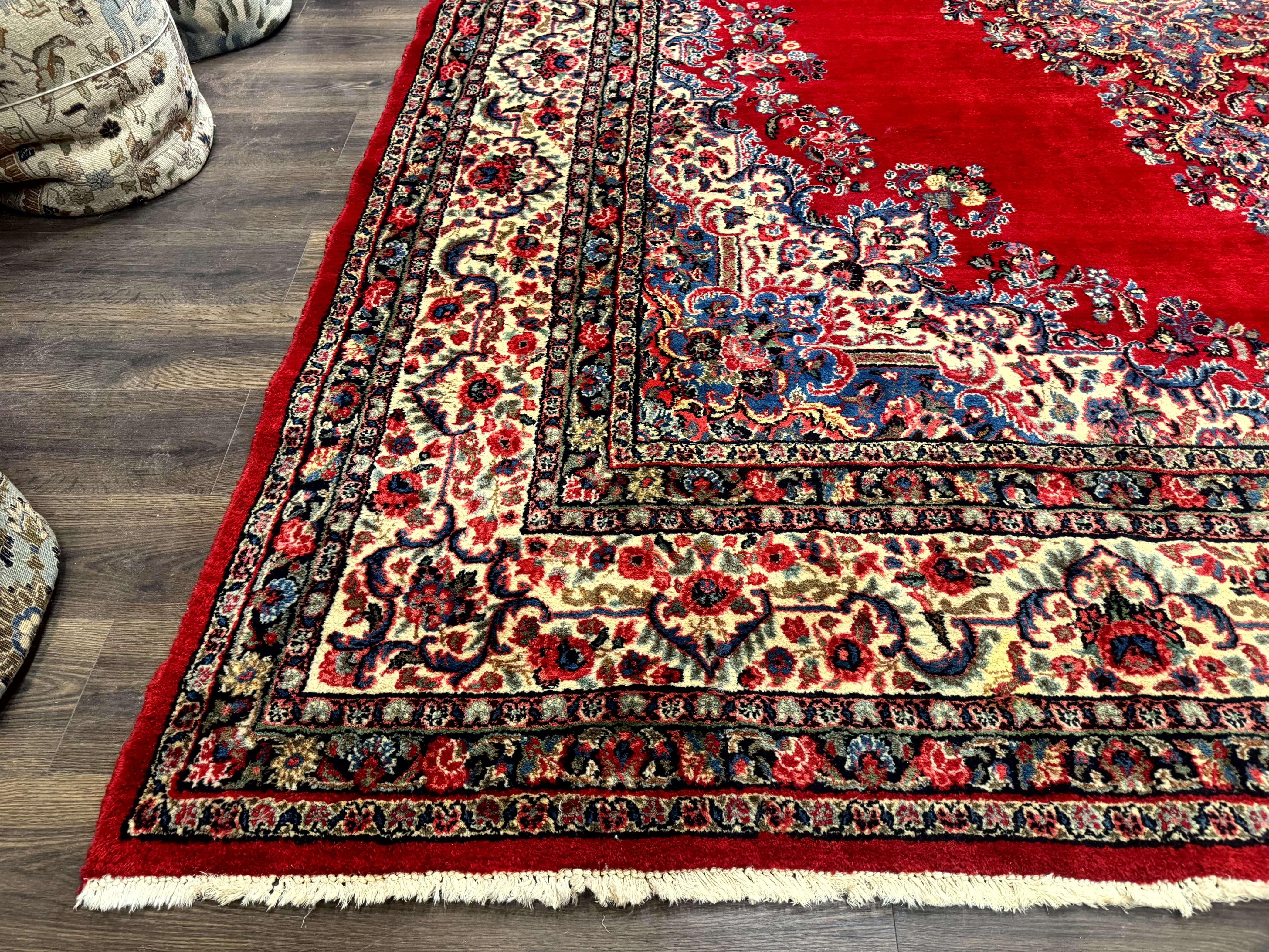 Persian Sarouk Rug 10x13, Semi Open Field, Red Ivory Blue, Large Antique Persian Carpet, Traditional Wool Rug - Jewel Rugs