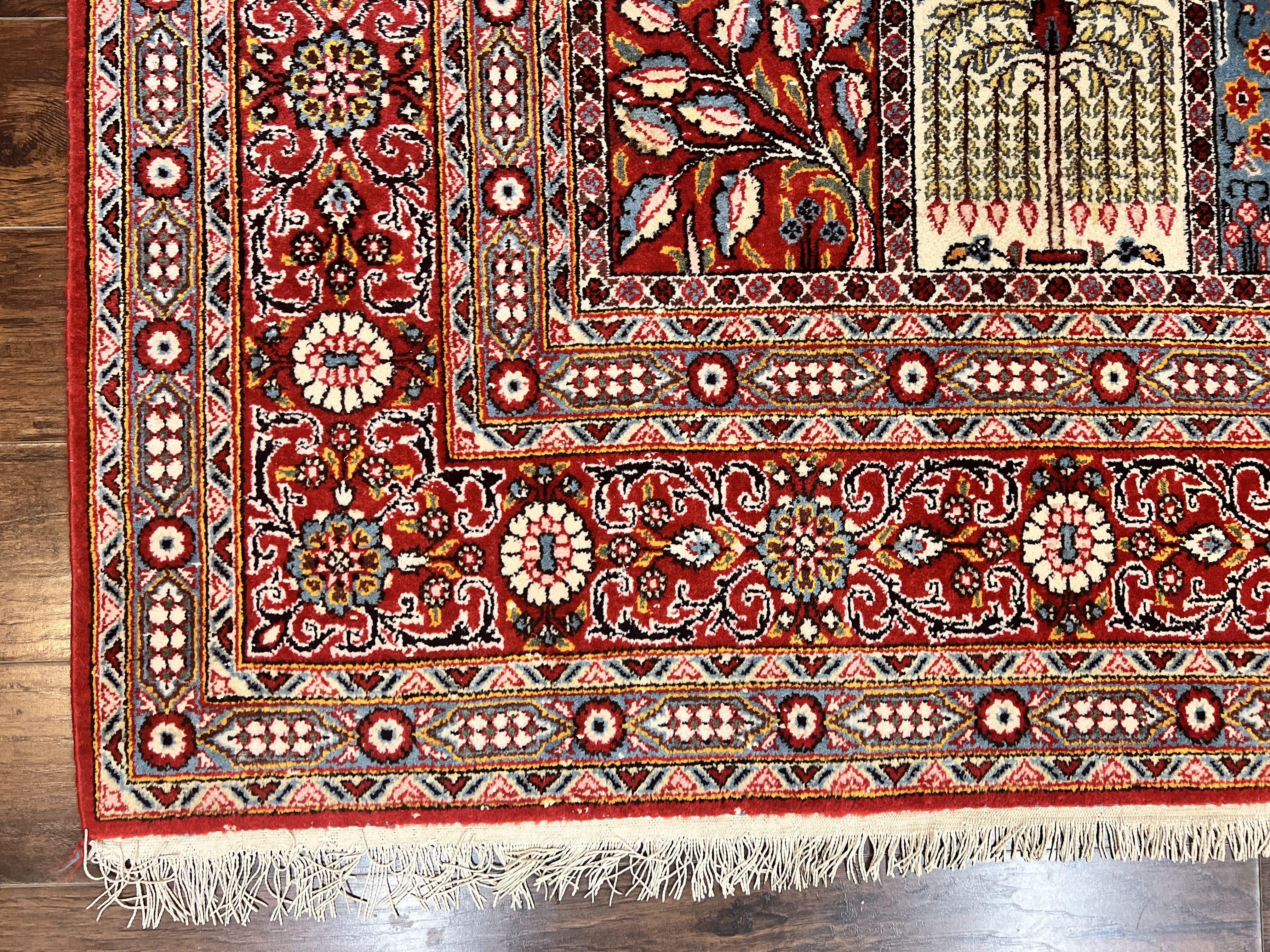 Persian Qum Rug 9x13, Multicolor Panel Design, Red Blue Cream, Hand Knotted Vintage Large Wool Rug - Jewel Rugs