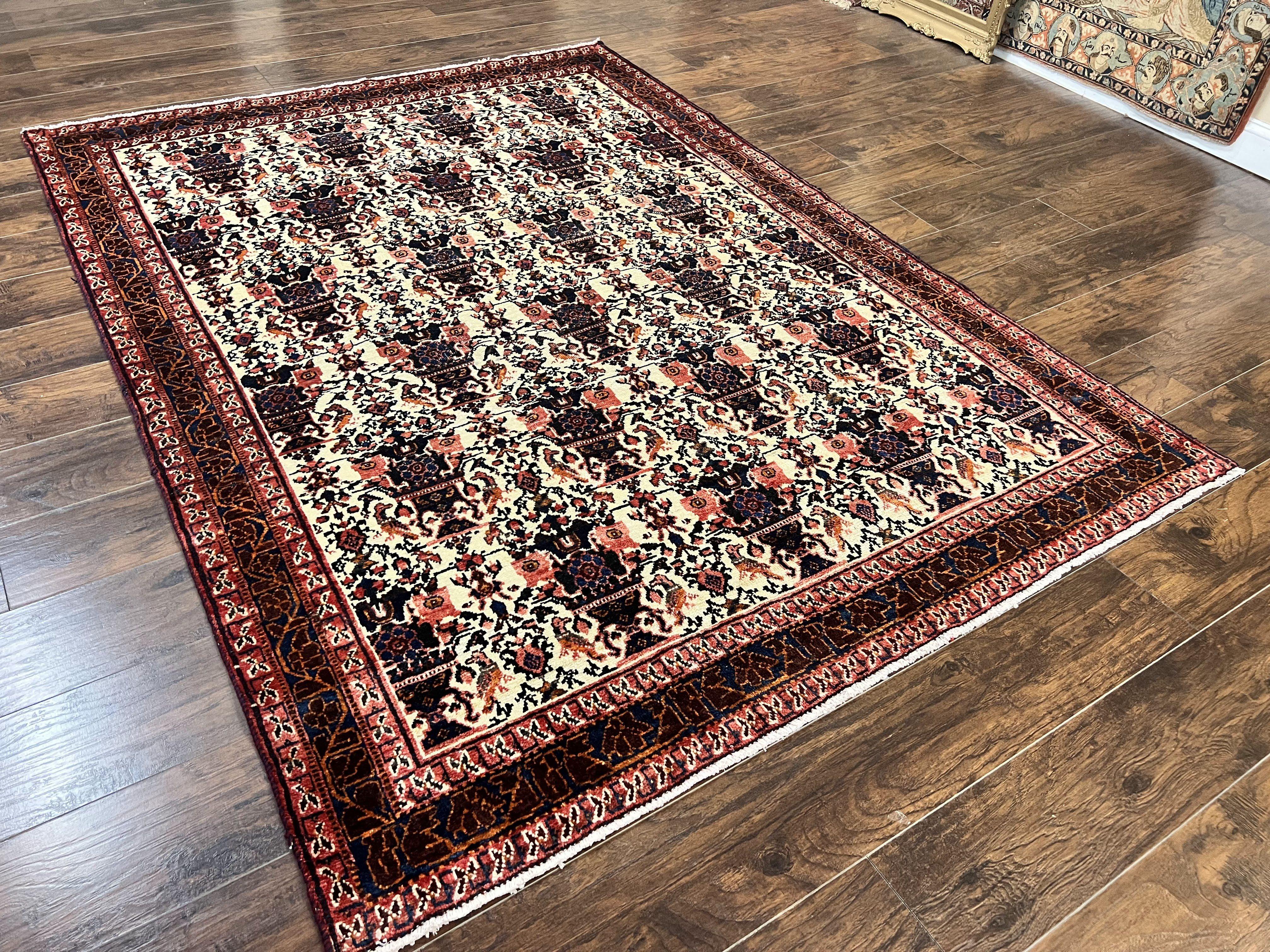 Persian Afshar Rug 6x8, Wool Hand Knotted Semi Antique Vintage Carpet, Floral Allover, Repeated Birds Flowers Vases Motifs - Jewel Rugs