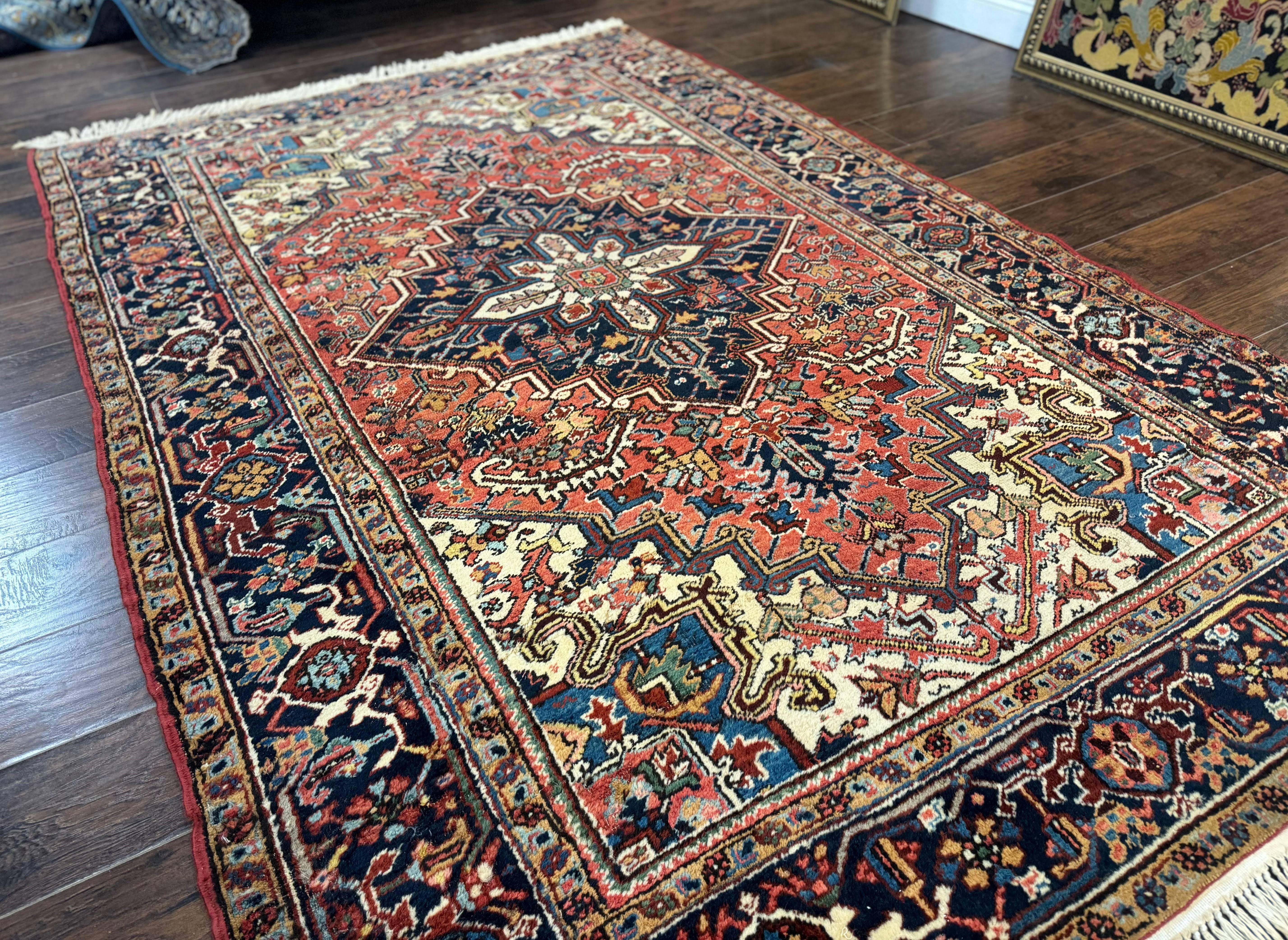 Antique Persian Heriz Rug 6x9, Red Navy Blue, Wool, Geometric Medallion - Jewel Rugs