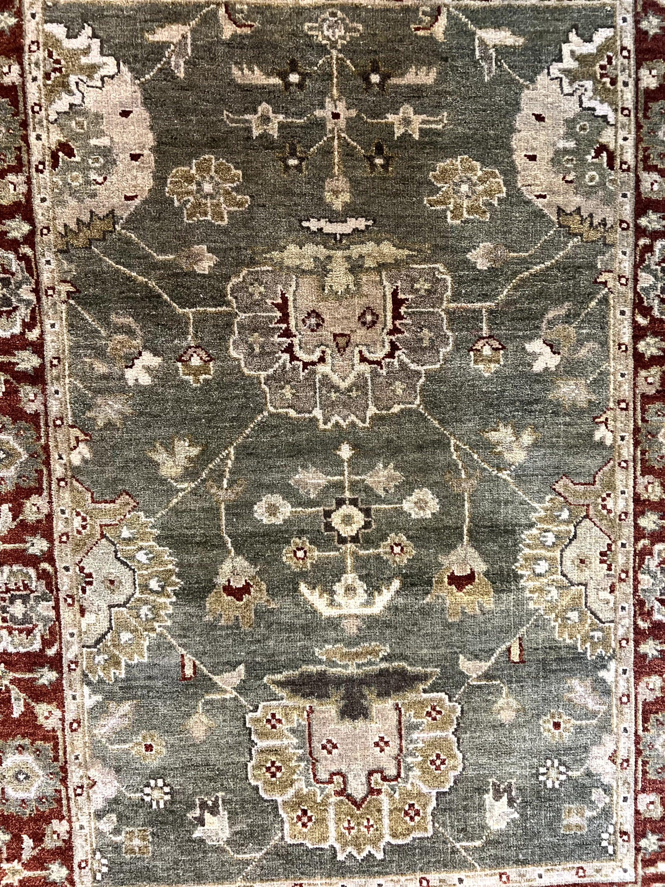 Indo Oushak Rug 4x6, Green and Maroon, Vintage Wool Floral Rug, Indian Agra Rug - Jewel Rugs