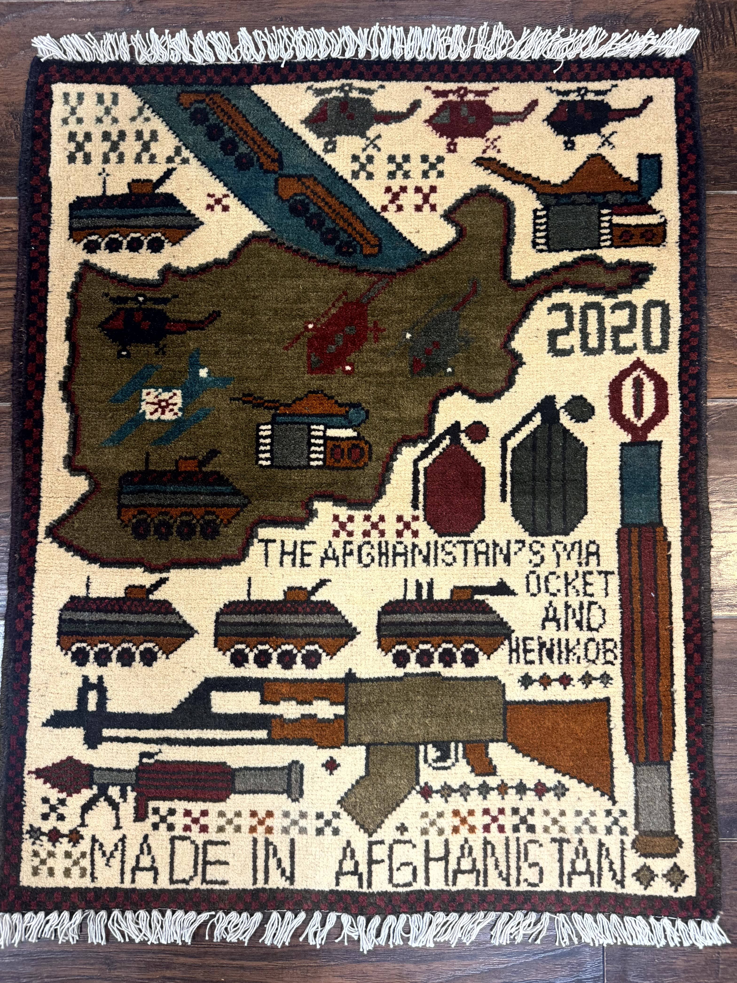 Afghan War Rug, Helicopters Tanks Guns, Handmade, Wool, 2x3 - Jewel Rugs