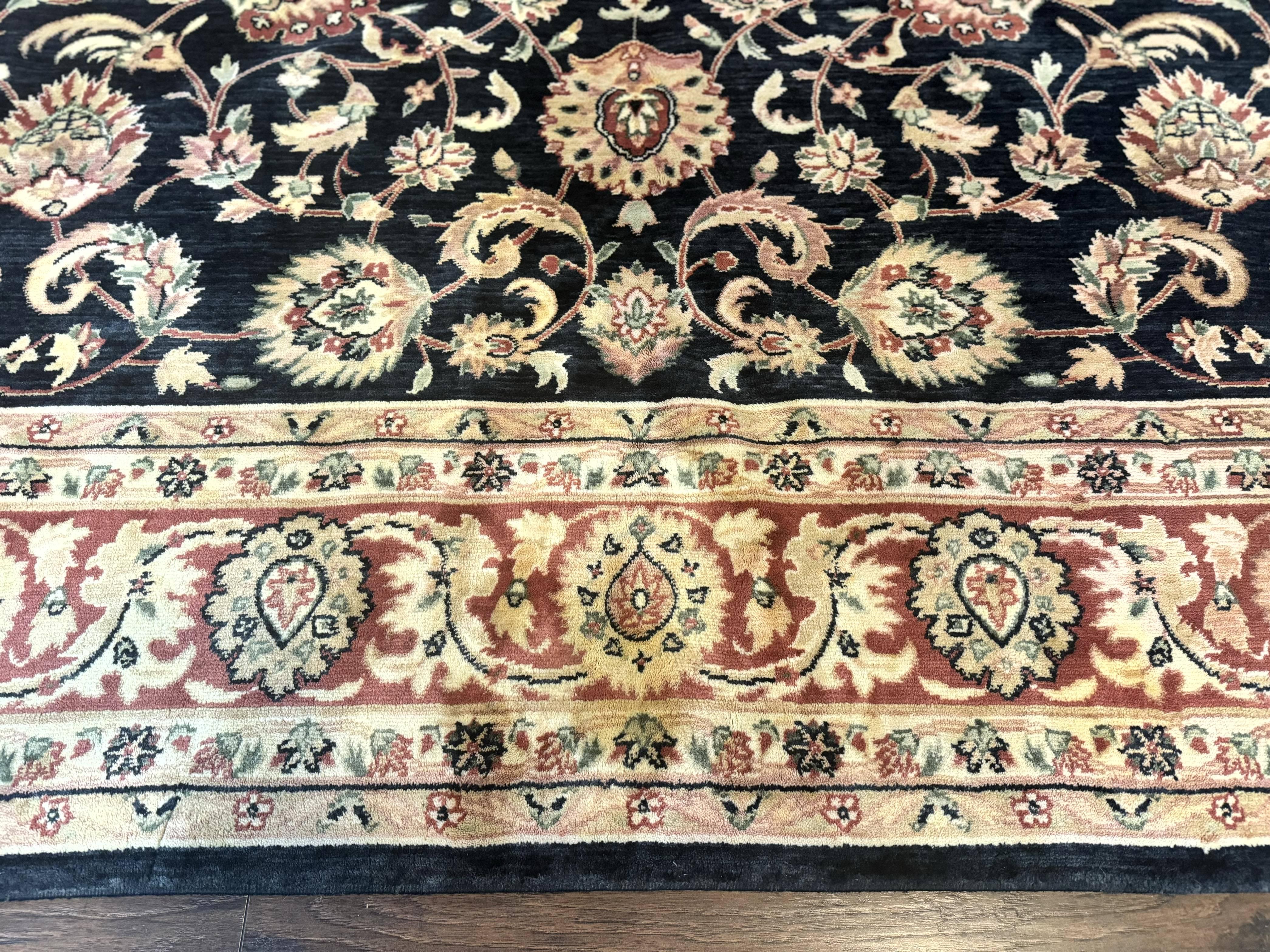 Vintage Oriental Rug 8x11, Floral Persian Design Carpet, Turkish Power Loomed Rug, Navy Blue Red Cream - Jewel Rugs