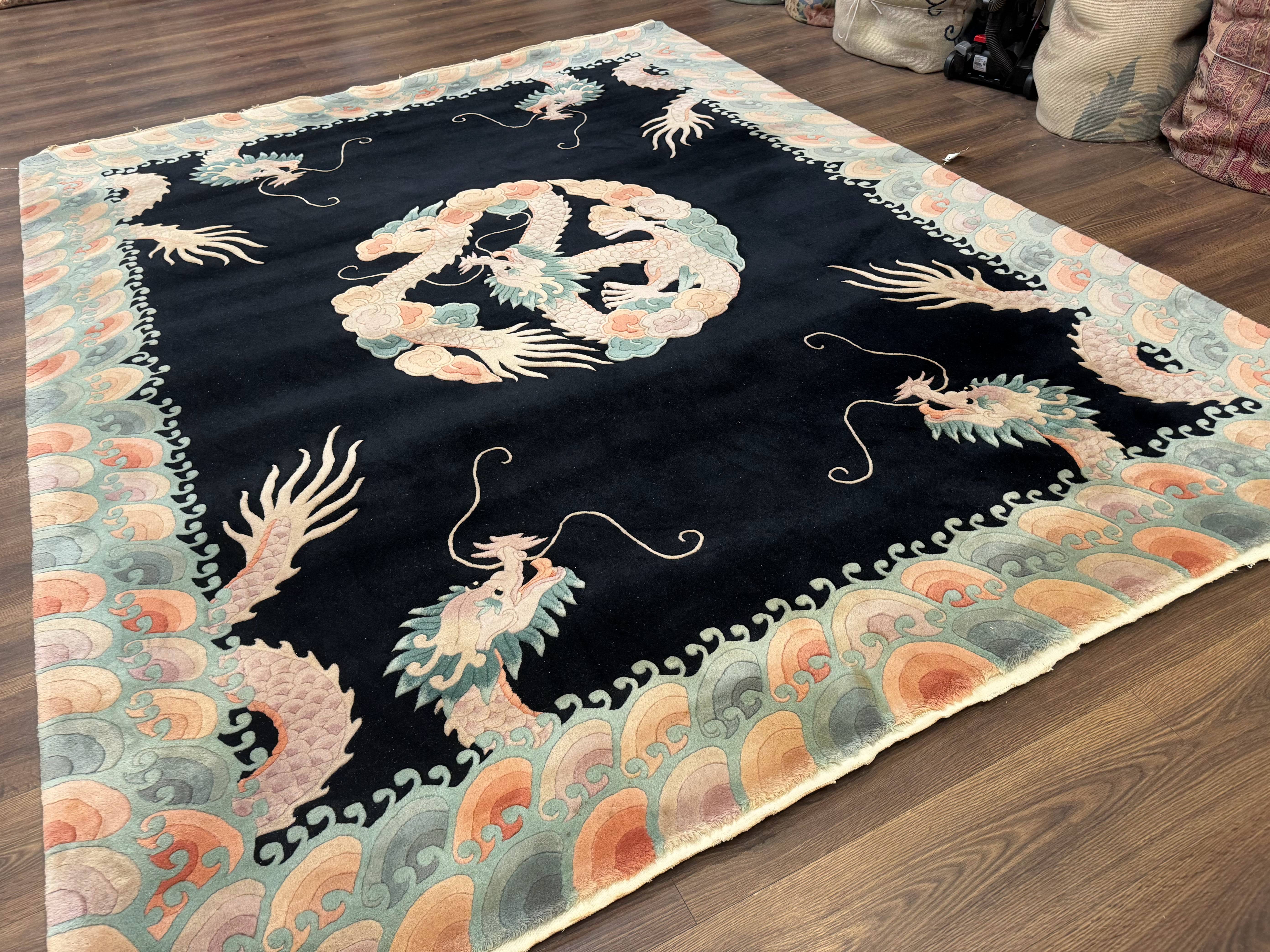 Black Chinese Wool Rug 8x10 with Dragons, Rainbow Borders, Rare - Jewel Rugs