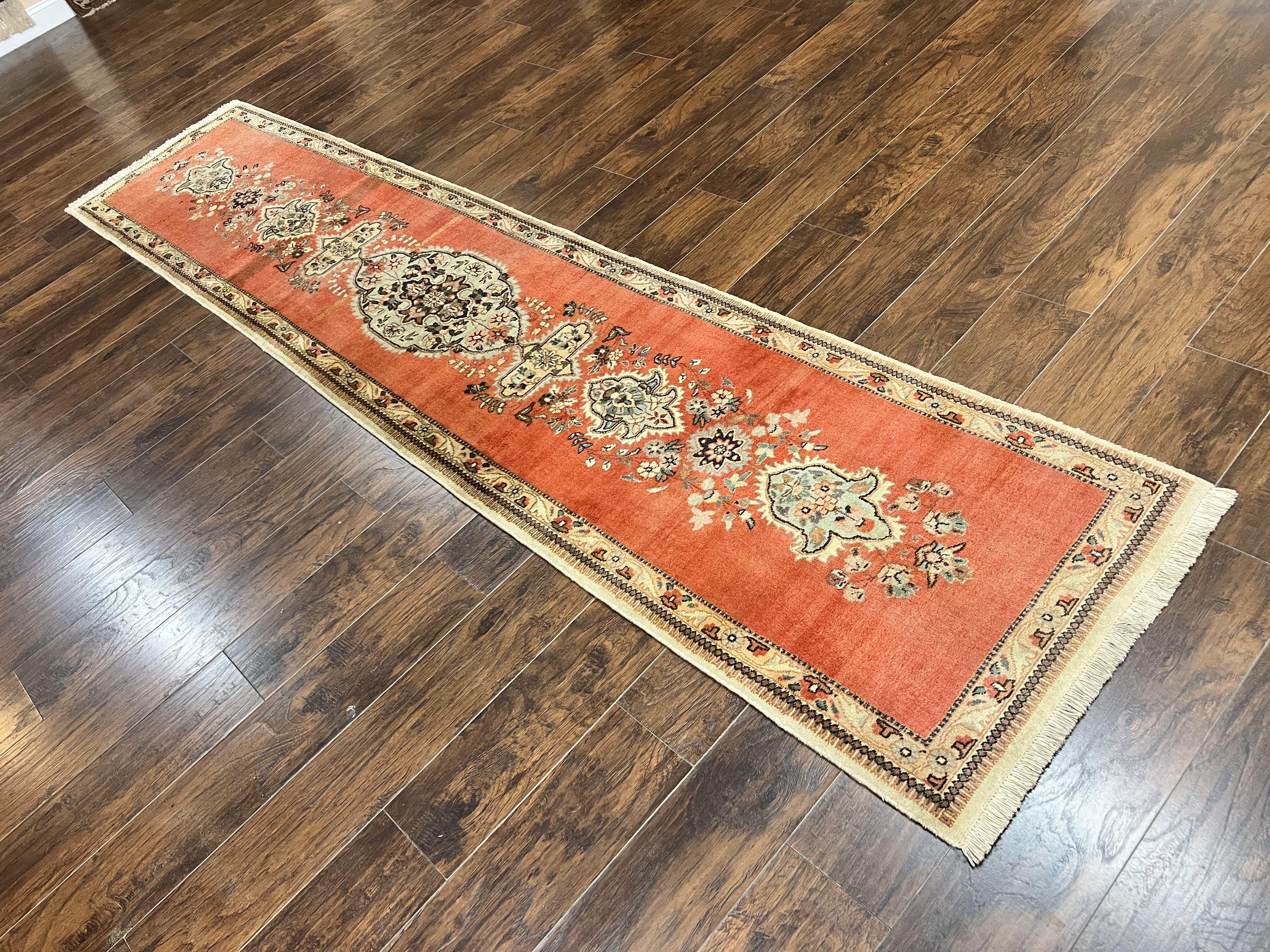 Persian Tabriz Runner Rug 3 x 12, Vintage Hand Knotted Wool Oriental Hallway Carpet, Light Red Beige Tan, Fine Weave, Semi Open Field, Traditional - Jewel Rugs