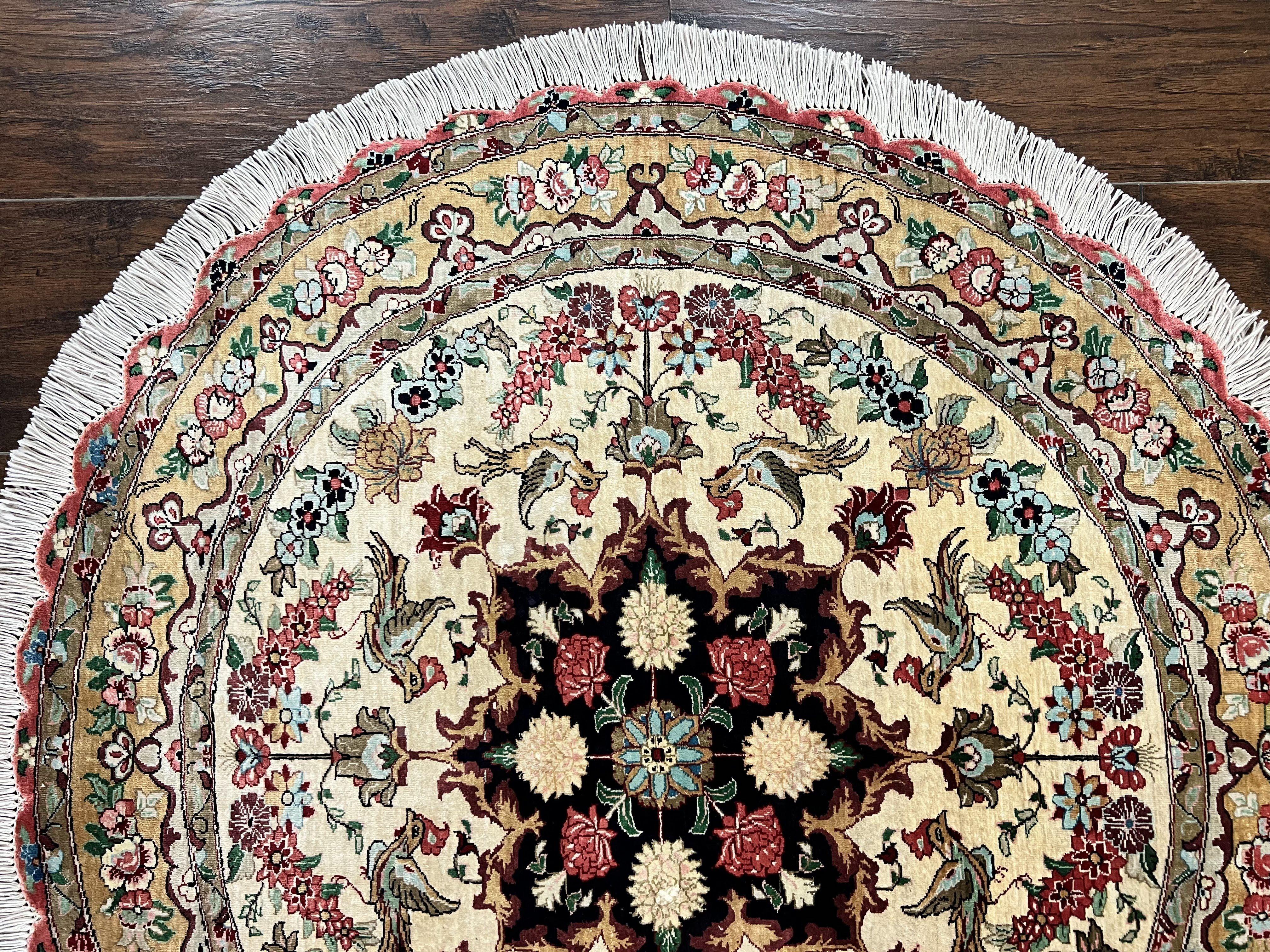 Silk Persian Tabriz Round Rug 3x3 ft, Very Fine Hand Knotted Carpet 380 KPSI, Cream & Gold, Bird Pictorials, Floral, Rare - Jewel Rugs