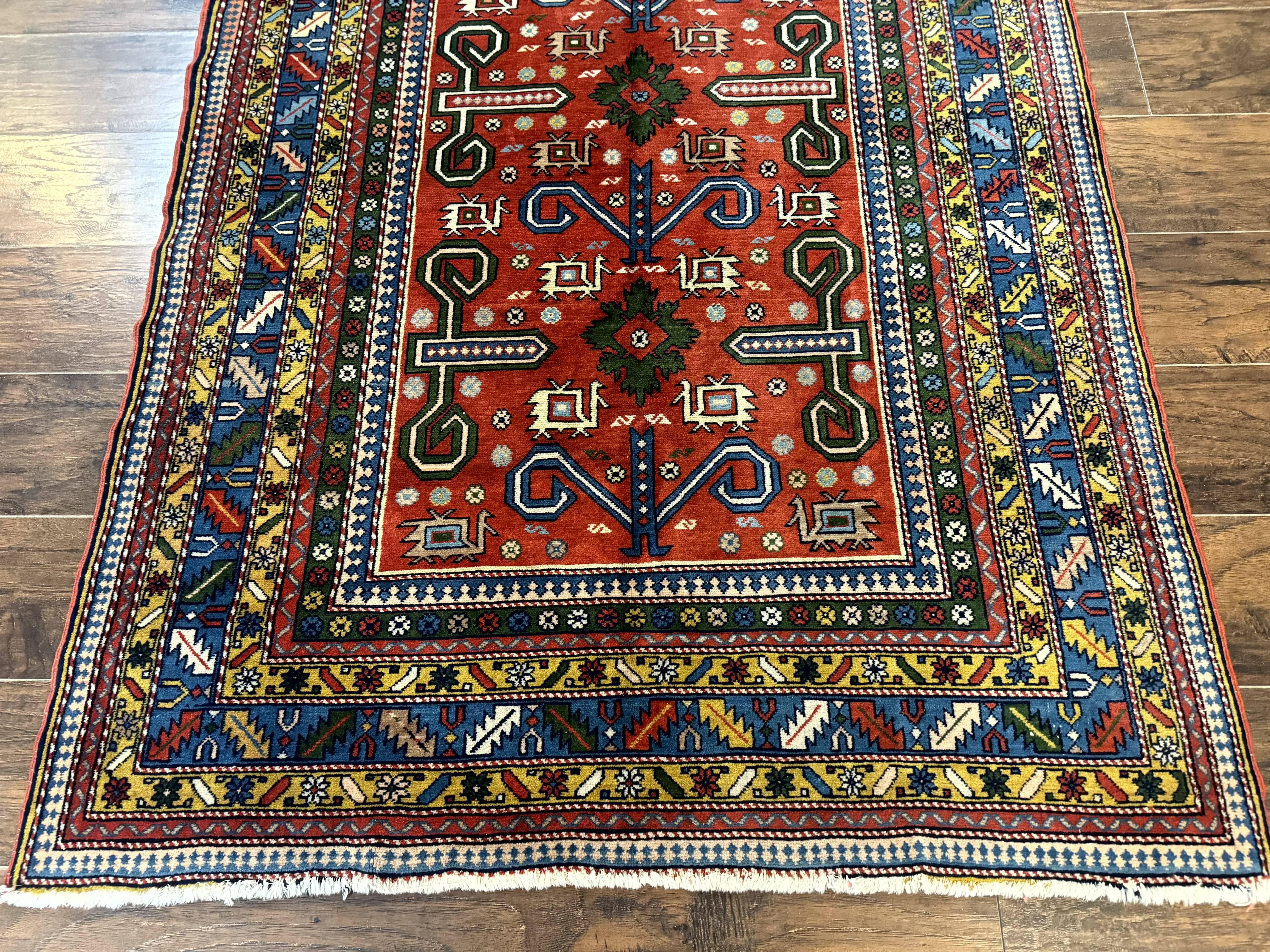 Colorful Persian Ardabil Rug 4x7, Red Blue Gold, Geometric Caucasian Design, Vintage - Jewel Rugs