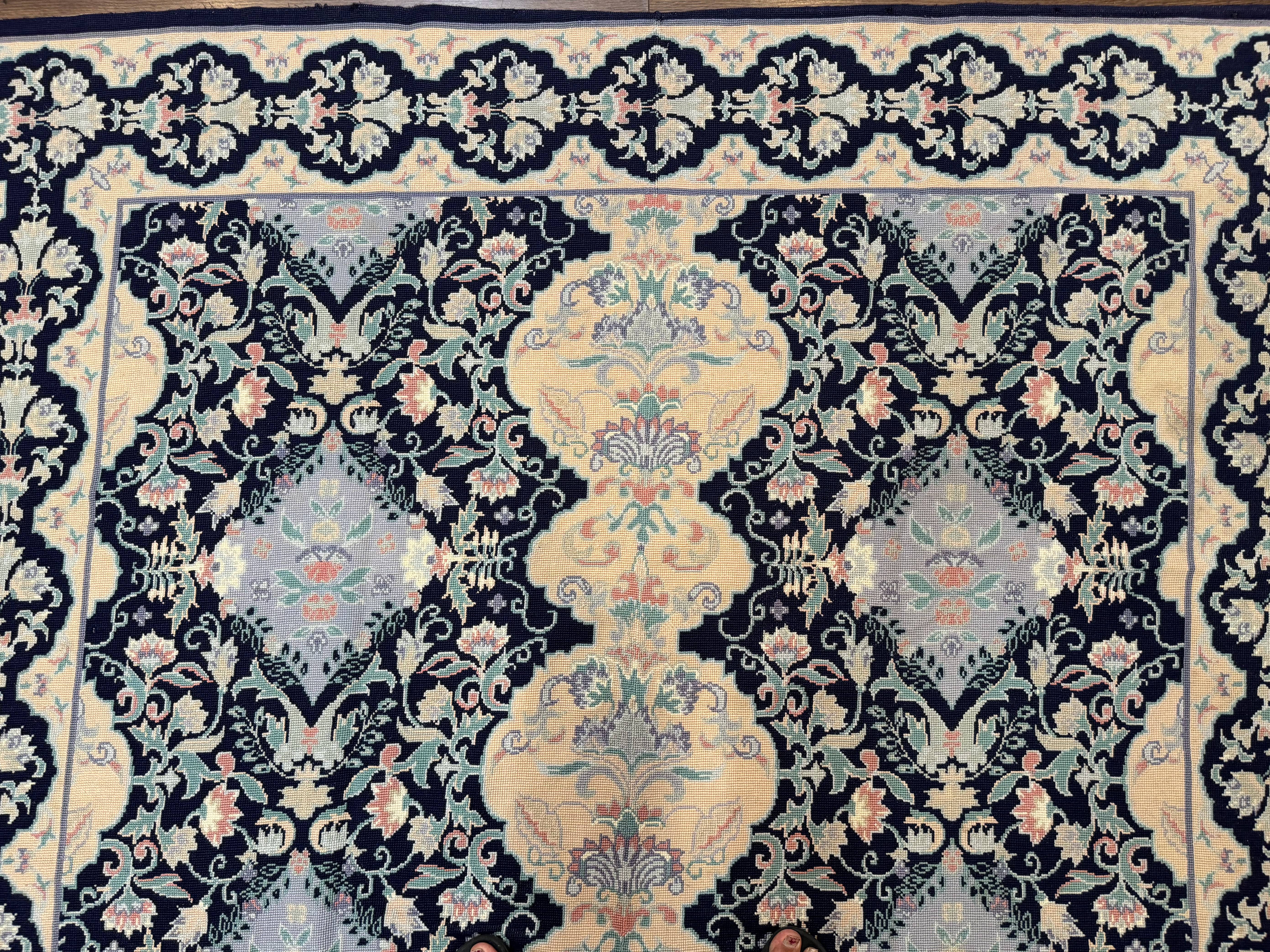 Needlepoint Rug 6x9, Ivory and Navy Blue - Jewel Rugs