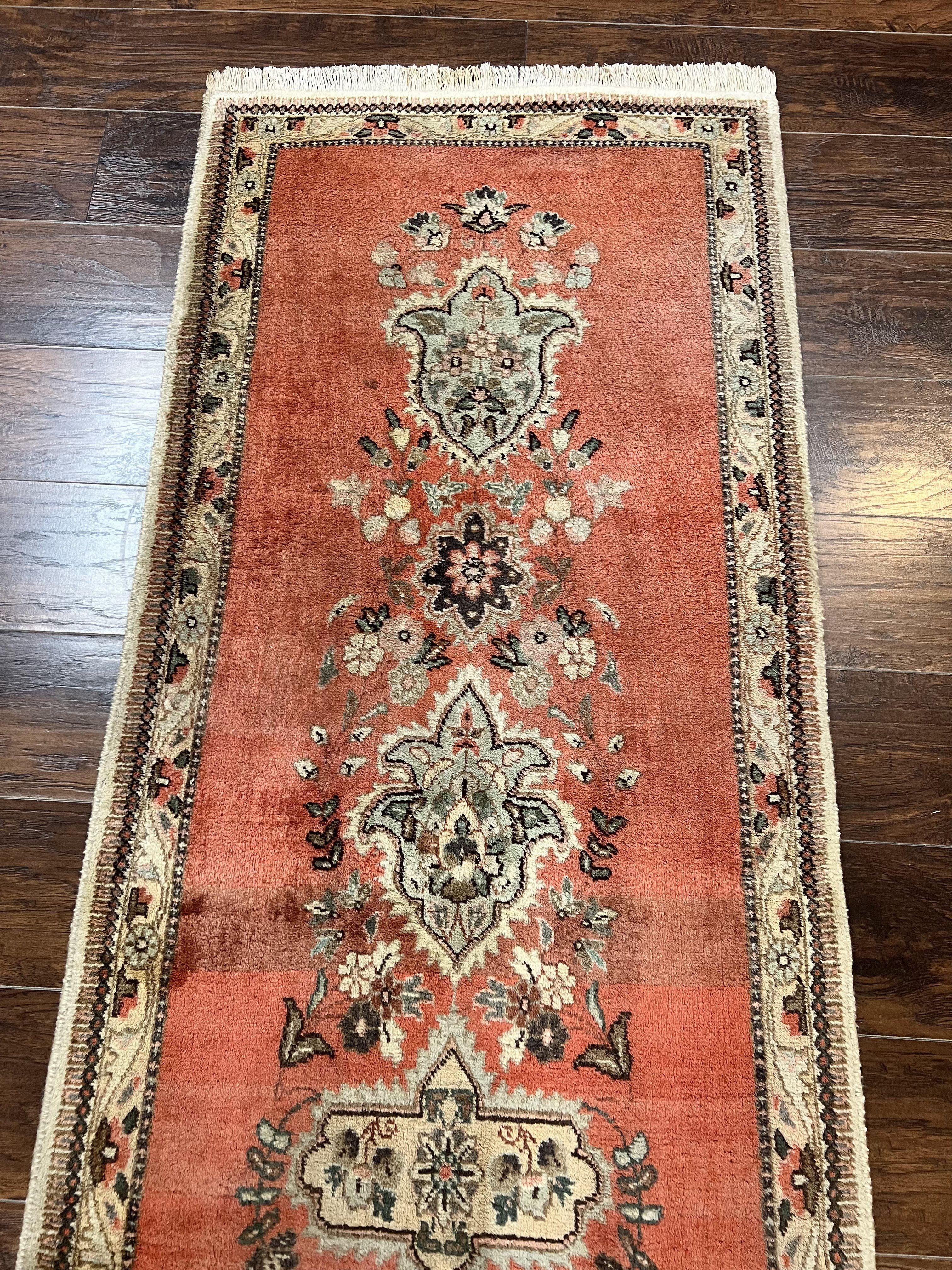 Persian Tabriz Runner Rug 3 x 12, Vintage Hand Knotted Wool Oriental Hallway Carpet, Light Red Beige Tan, Fine Weave, Semi Open Field, Traditional - Jewel Rugs