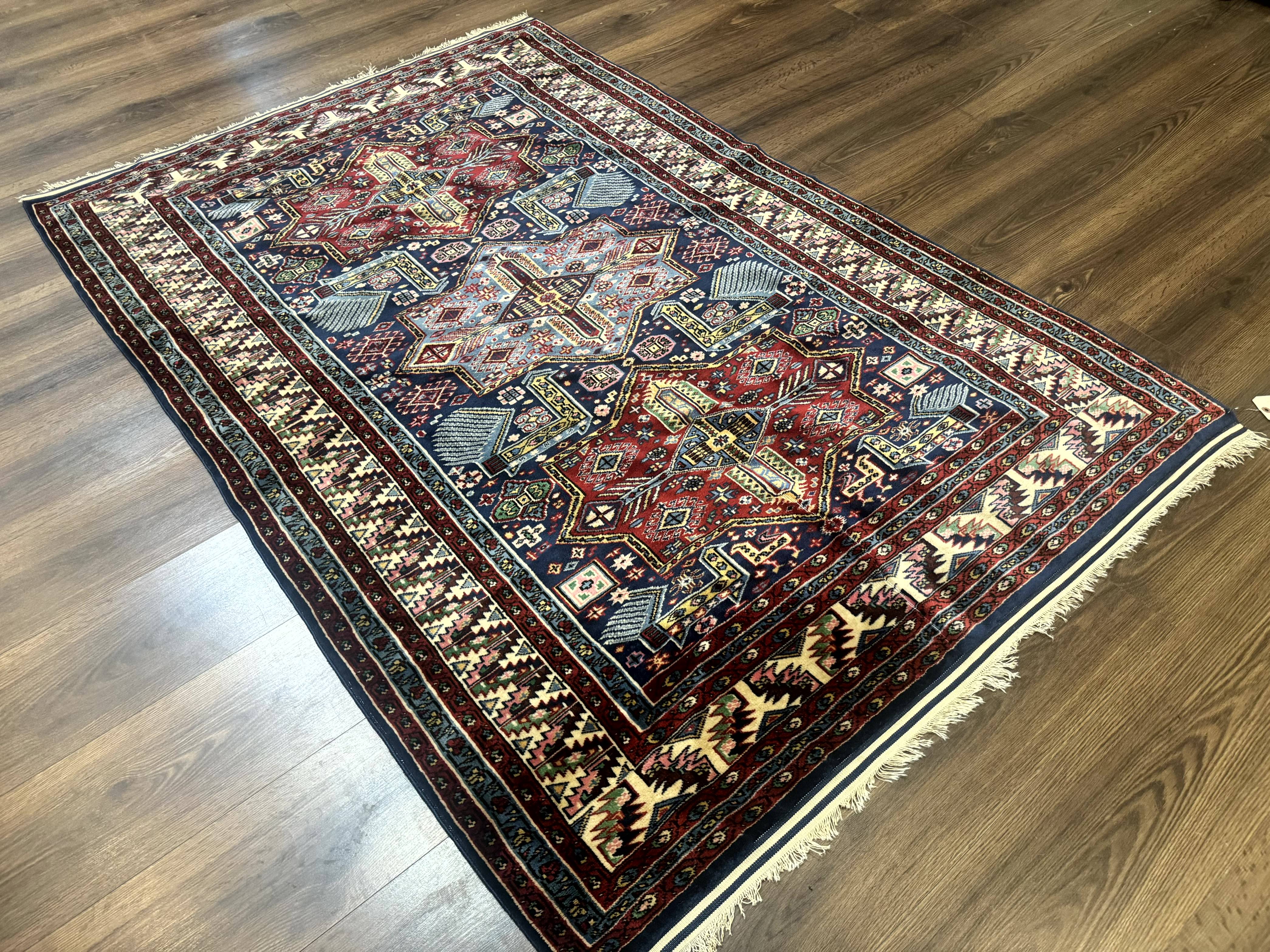 Indian Rug with Caucasian Design, 4x6 Geometric Carpet, Navy Blue and Cream - Jewel Rugs