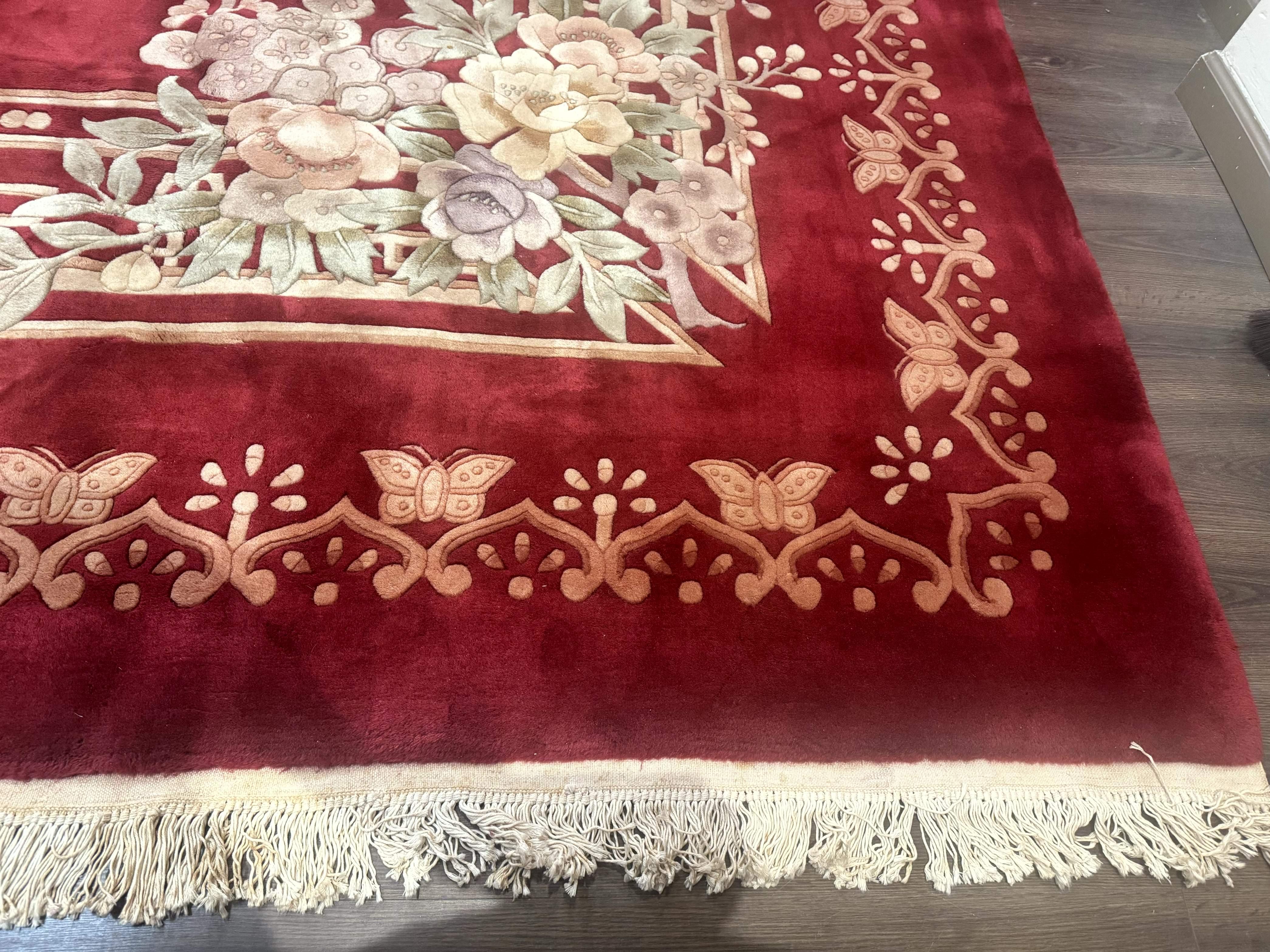 Palace Size Chinese Wool Rug 12x18, Red Art Deco Chinese Carving Carpet, Butterflies Flowers - Jewel Rugs