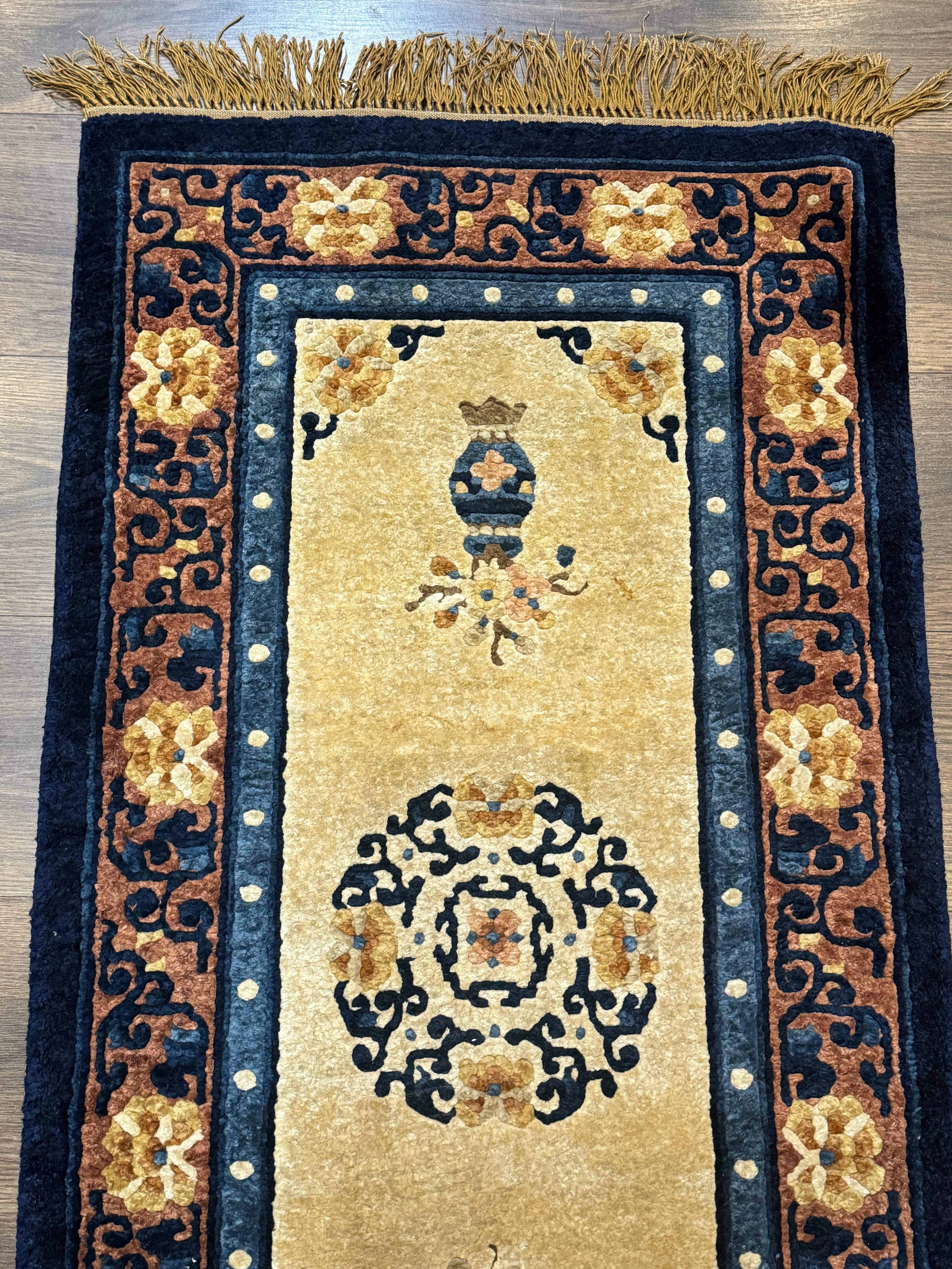 Silk Chinese Rug 2x4, Peking Carpet, Golden-Beige and Blue, Hand Knotted, Simple Design - Jewel Rugs