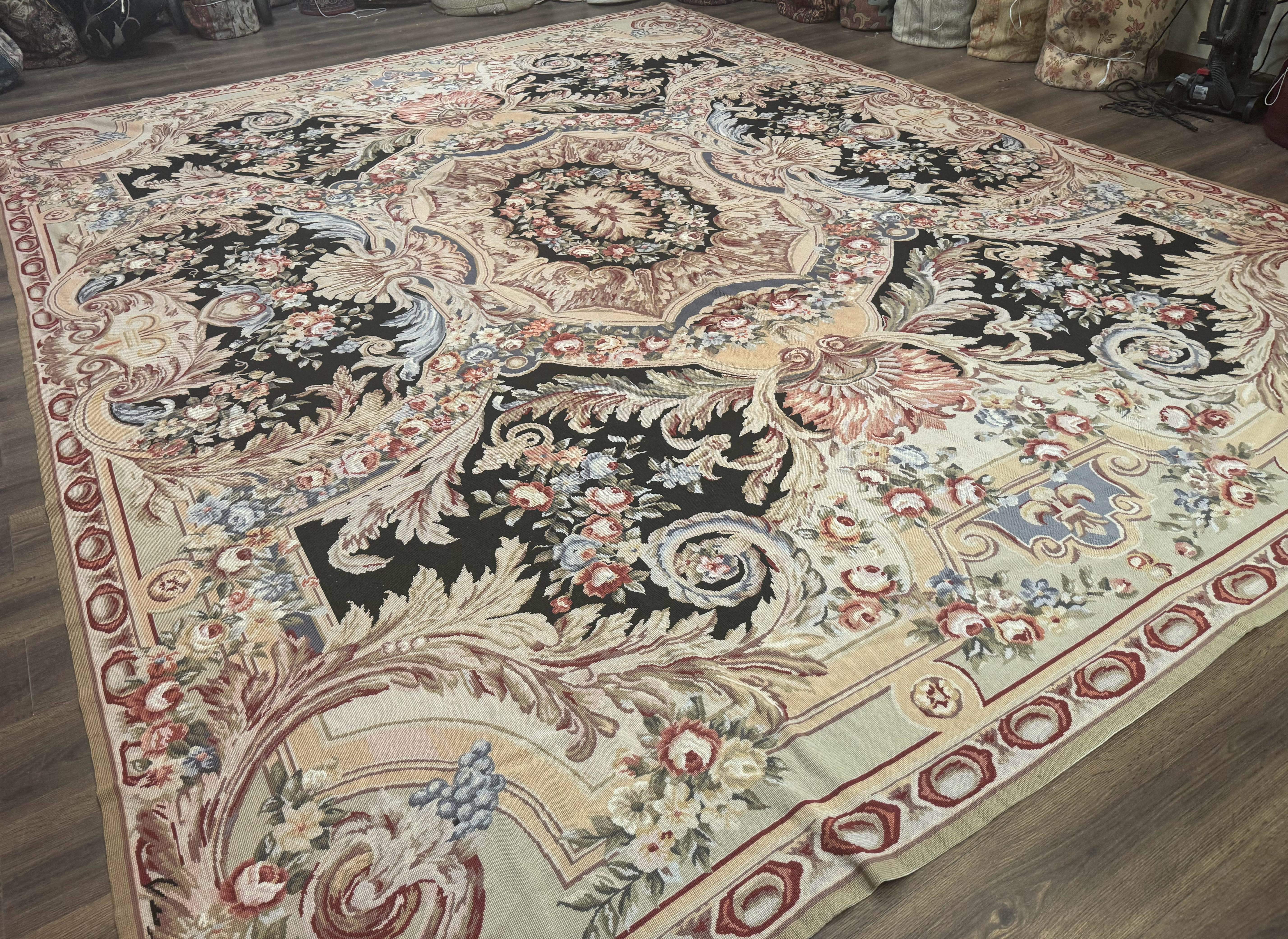 Wonderful Needlepoint Rug 10x14, Large Aubusson Carpet, Floral, Elegant, European Design - Jewel Rugs