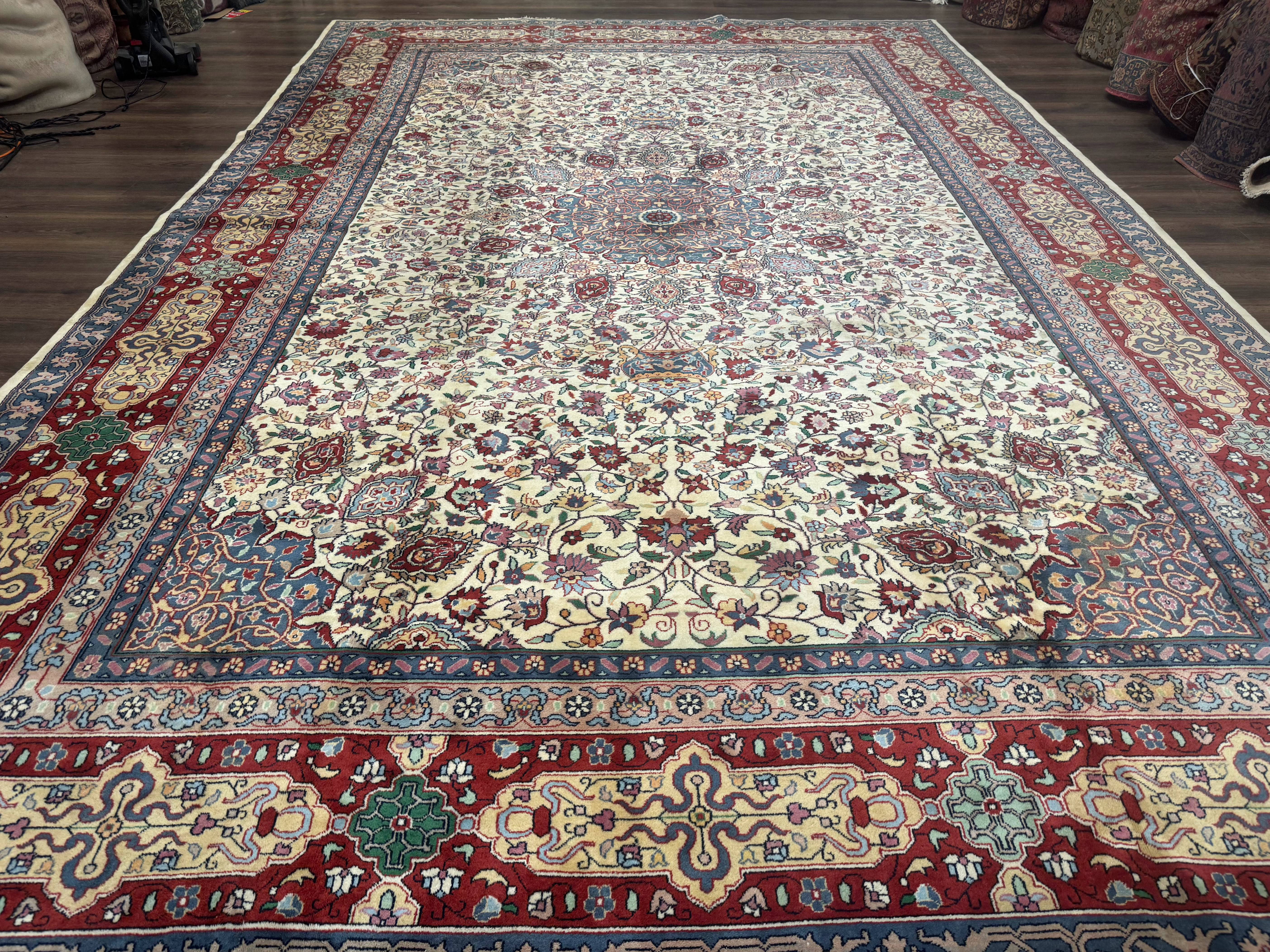 Persian Mashad Rug 10x16, Palace Size Handmade Wool Carpet, Cream Red, Floral Medallion, Vintage - Jewel Rugs