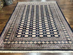 Pakistani Bokhara Rug 8x10, Turkoman Carpet, Dark Blue and Beige, Vintage Handmade Wool Carpet