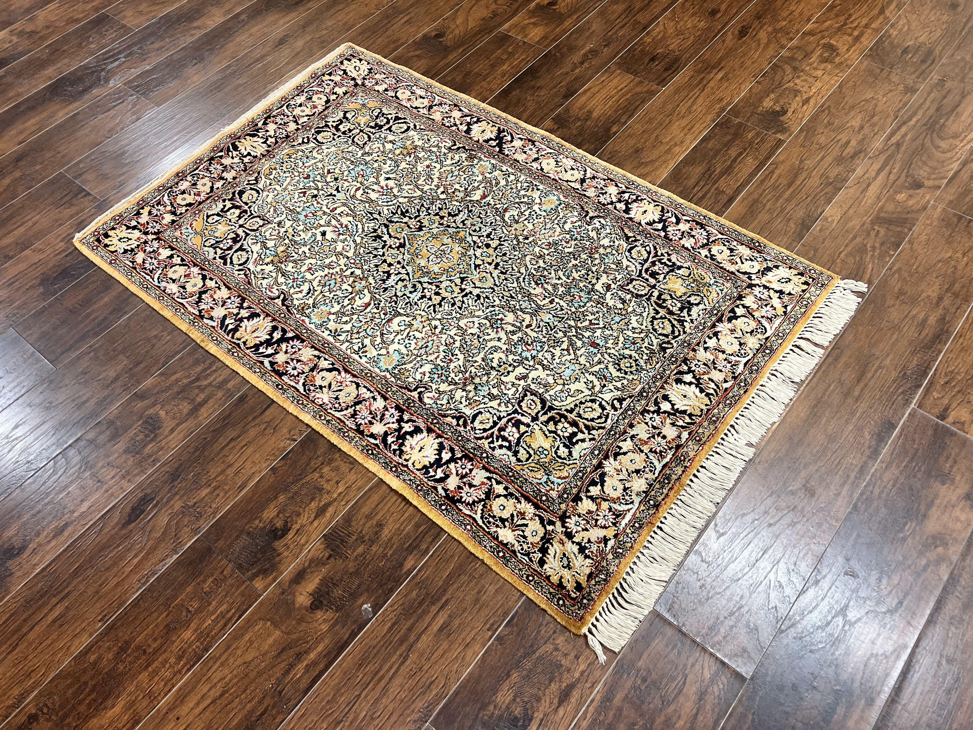 Silk Persian Qum Rug 4x5, Hand Knotted Vintage Carpet, Cream & Navy Blue, Silk Pile on Silk Foundation, Very Fine 360 KPSI - Jewel Rugs