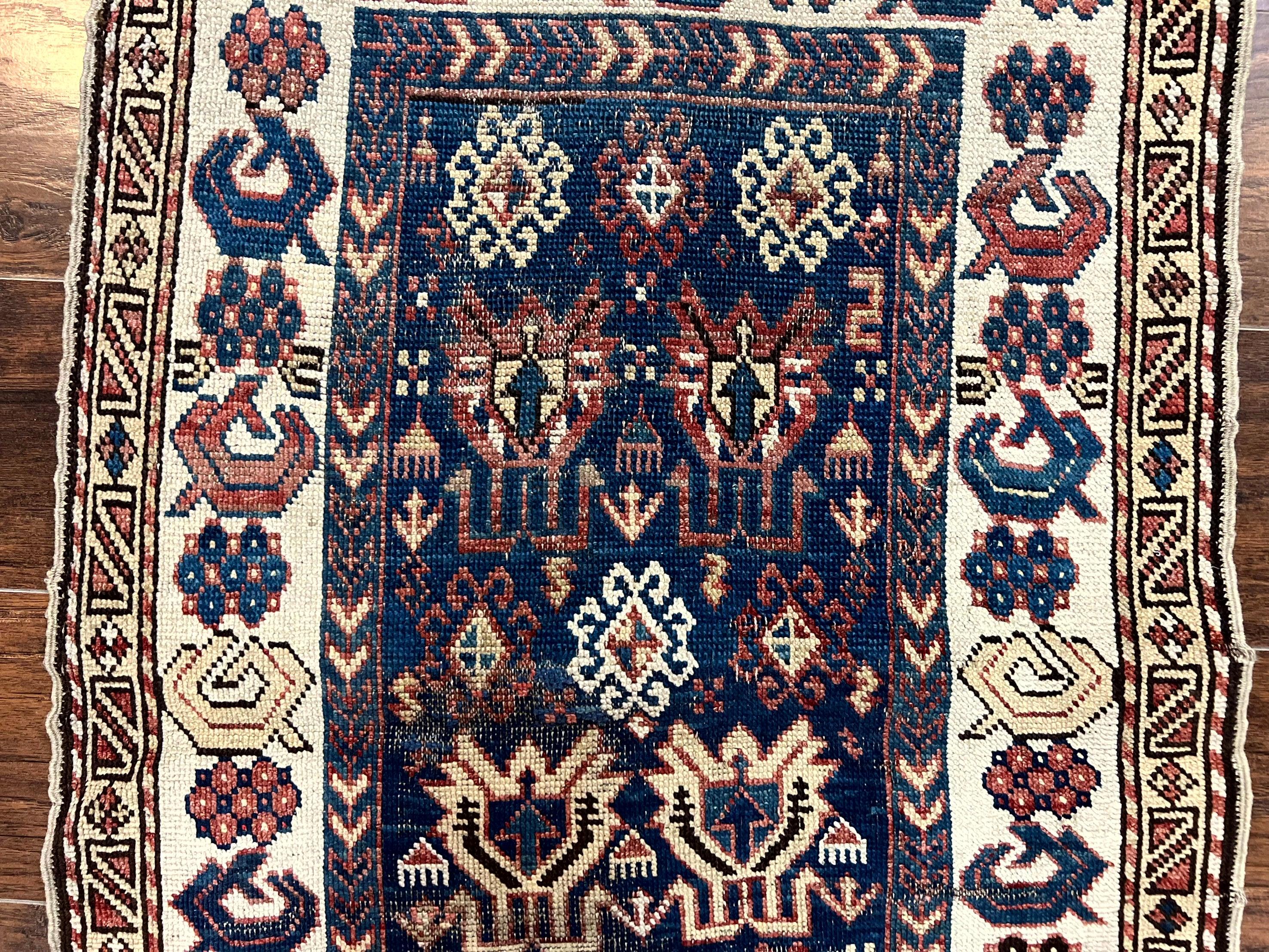 Antique Caucasian Kazak Rug 2.5 x 4, Navy Blue and Ivory, Hand Knotted Handmade Wool Rug - Jewel Rugs