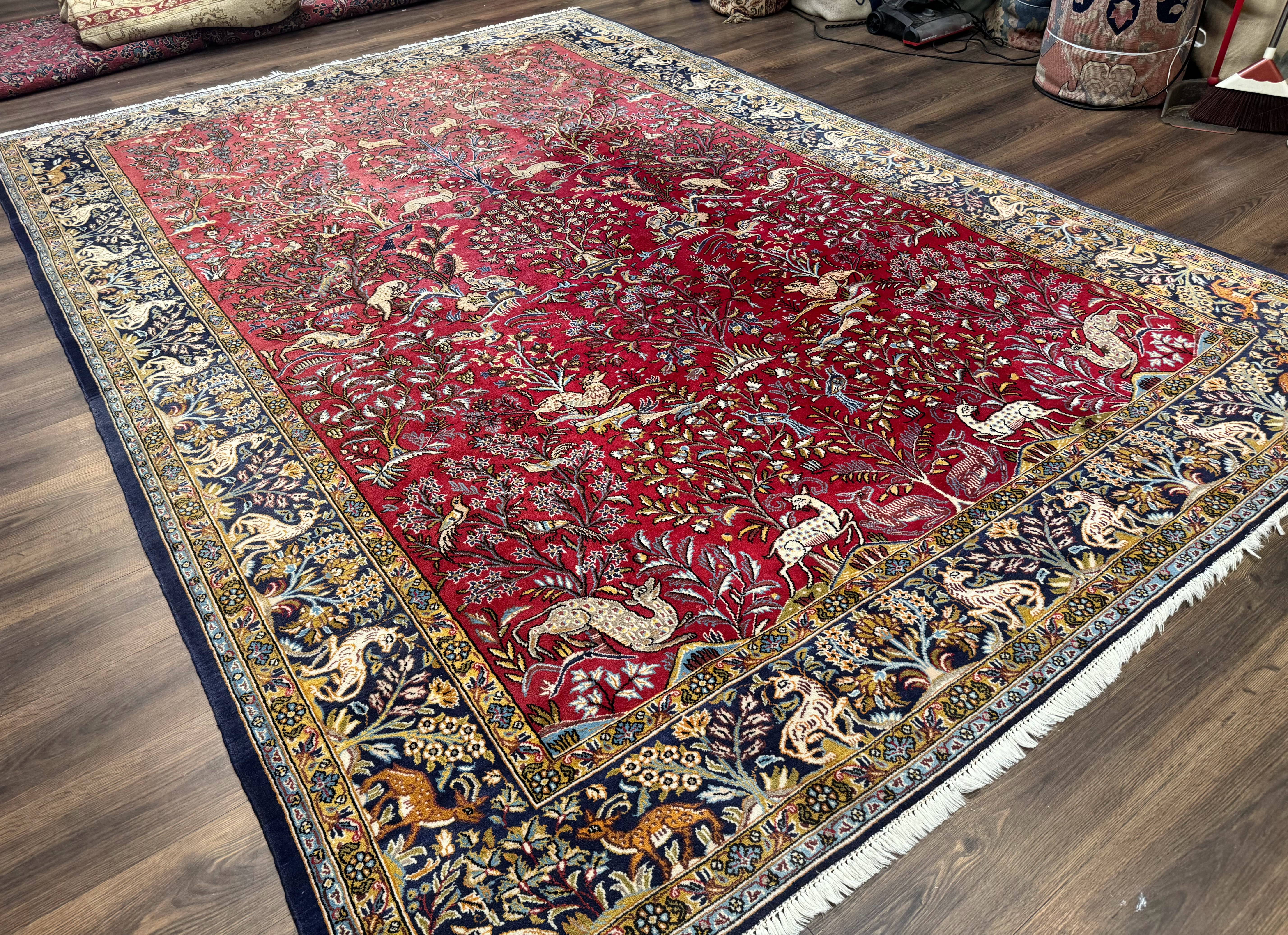 Persian Qum Rug 9x12, Animal Pictorials, Deer Birds, Tree of Life, Red and Navy Blue - Jewel Rugs