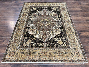Pak Persian Rug 5x7, Vintage Sarouk Area Rug 5 x 7 ft, Handmade Hand Knotted Wool Oriental Carpet, Cream Tan Black, Traditional Rug