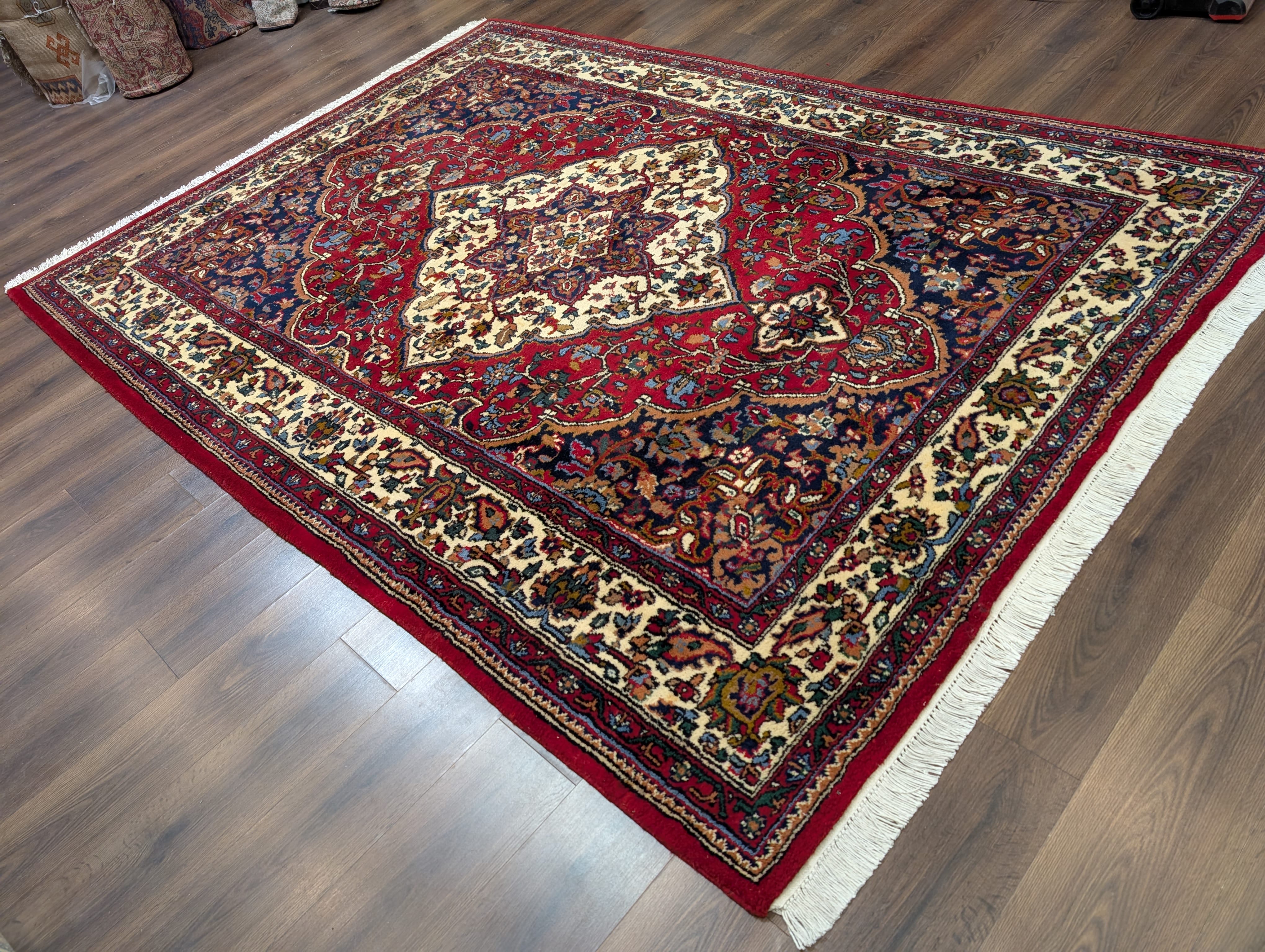 Indo Persian Rug 7x10, Floral Medallion Hand-Knotted Wool Carpet, Red Ivory Navy - Jewel Rugs