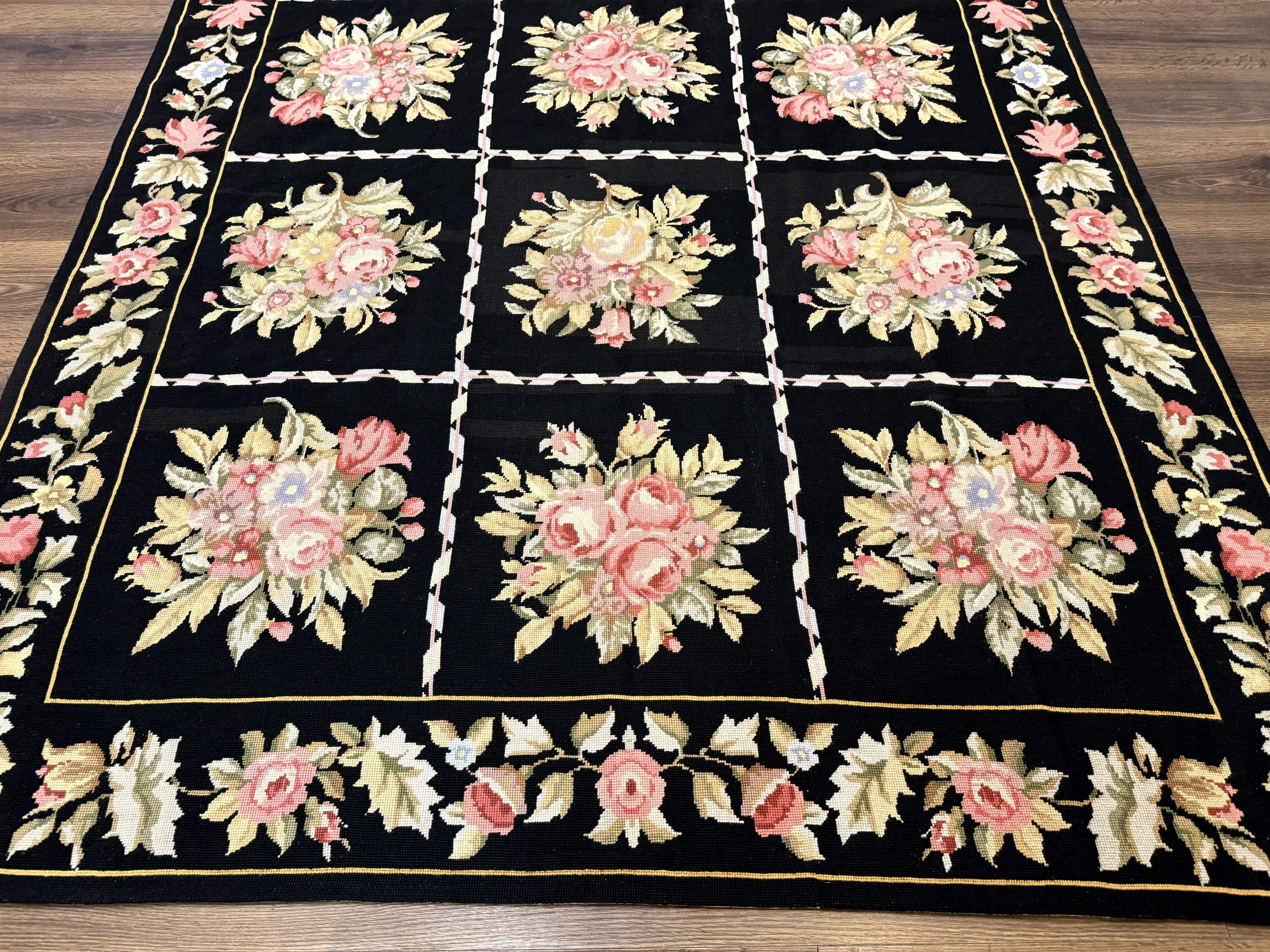 Black Floral Needlepoint Rug 5x9, European Panel Design, Vintage Carpet - Jewel Rugs