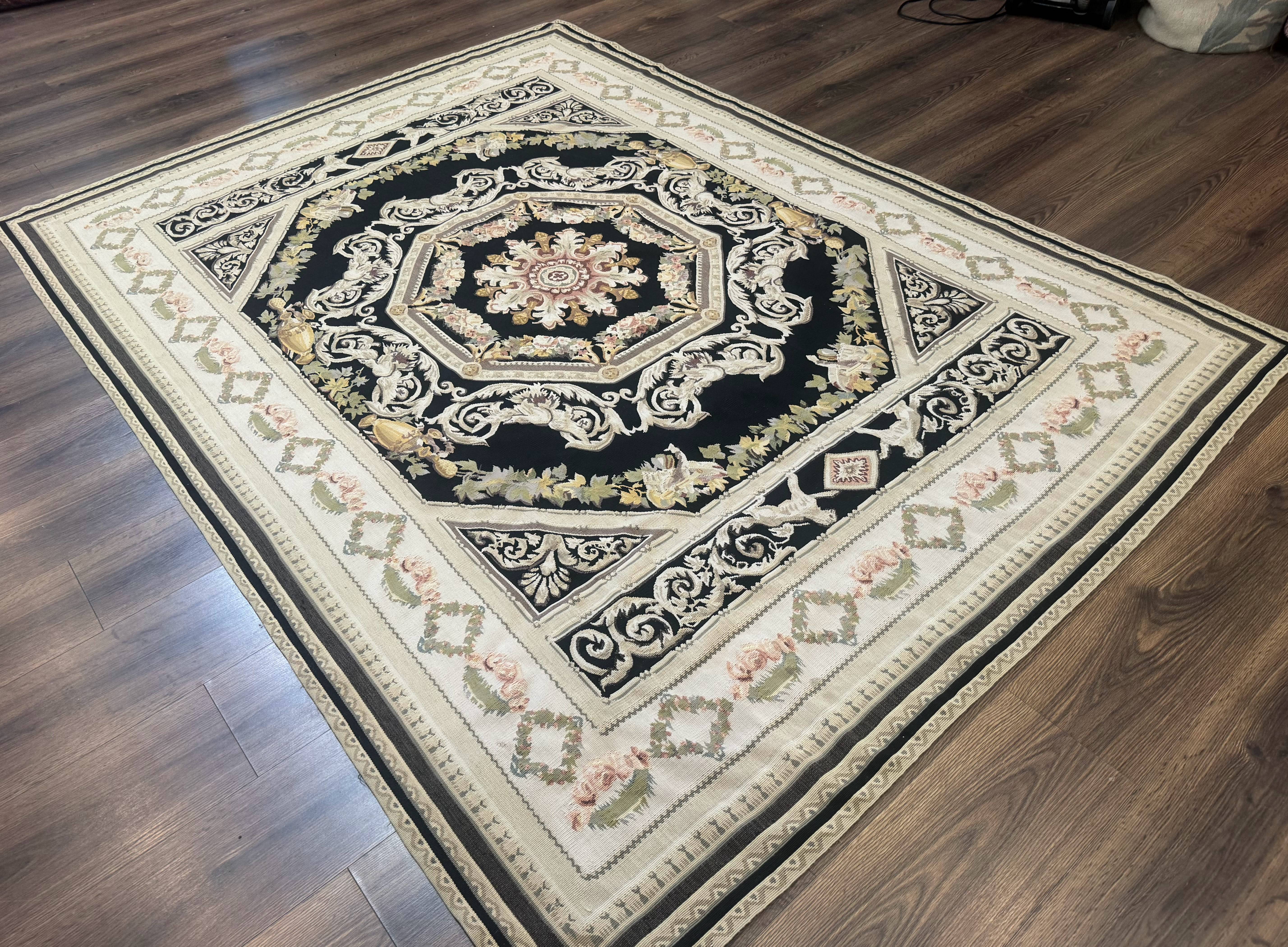 Aubusson Rug 6x8, European Design, Lion Pictorials, Black - Jewel Rugs