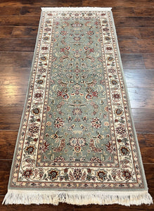 Pak Persian Rug 2.7 x 6, Short Runner Rug, Oriental Carpet, Floral Allover, Wool Handmade Vintage Rug, Light Green, 260 KPSI