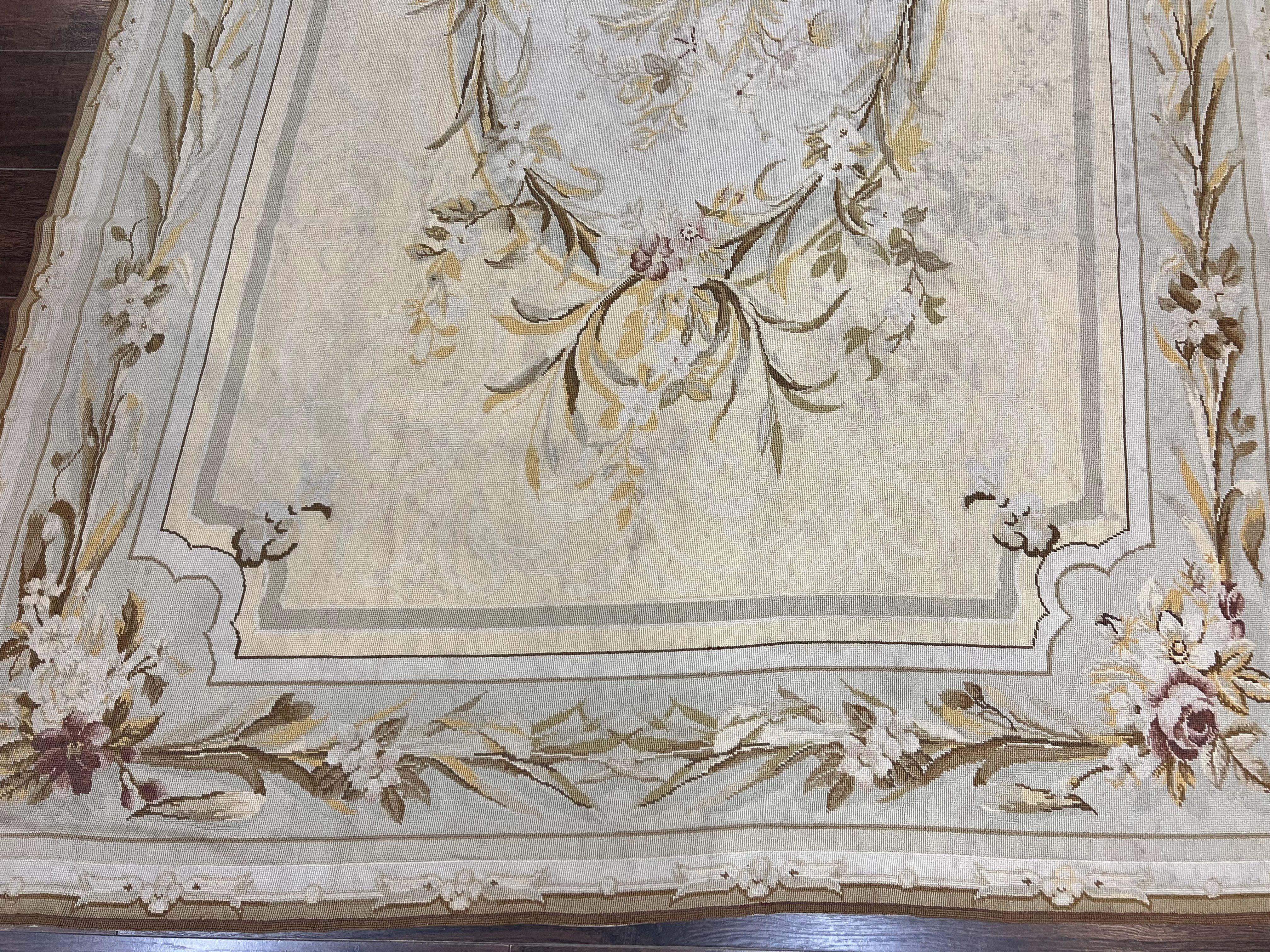 Needlepoint Rug 6x9, Elegant European Design Aubusson Carpet, Vintage Wool Handmade Rug, Light Yellow Ivory - Jewel Rugs