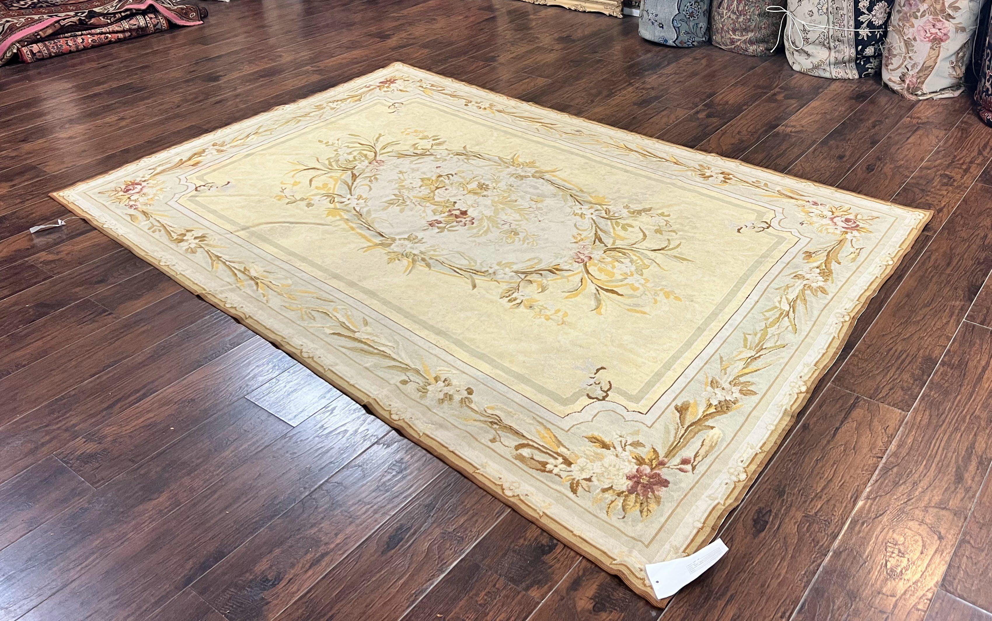 Needlepoint Rug 6x9, Elegant European Design Aubusson Carpet, Vintage Wool Handmade Rug, Light Yellow Ivory - Jewel Rugs