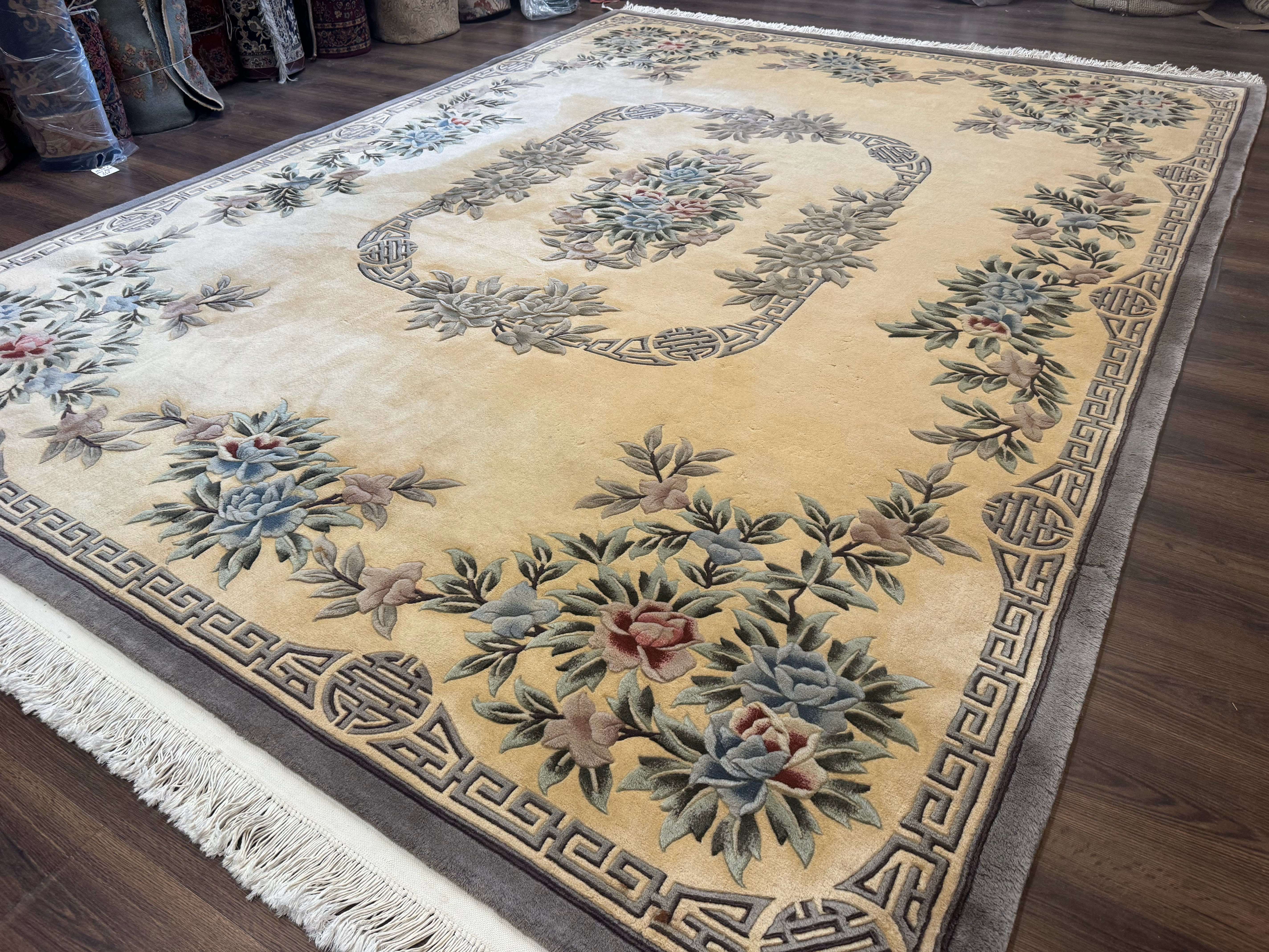 Chinese Wool Rug 9x12, Carving 90 Line Carpet, Floral, Cream and Green - Jewel Rugs