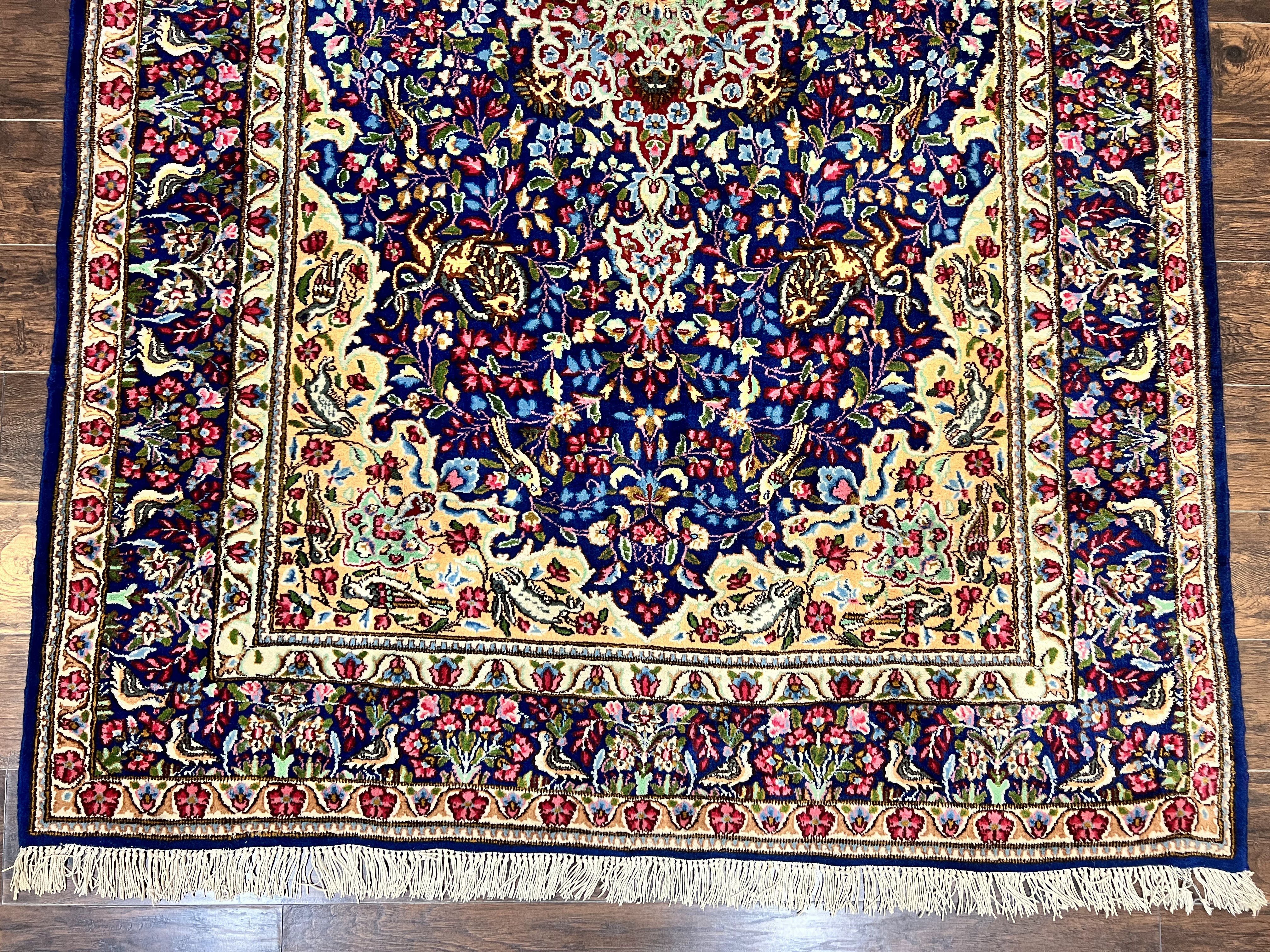 Persian Kirman Rug 6x9, Floral Medallion Vintage Wool Handmade Carpet 6 x 9, Animal Pictorials Birds, Semi Antique, Navy Blue, Millefleur - Jewel Rugs