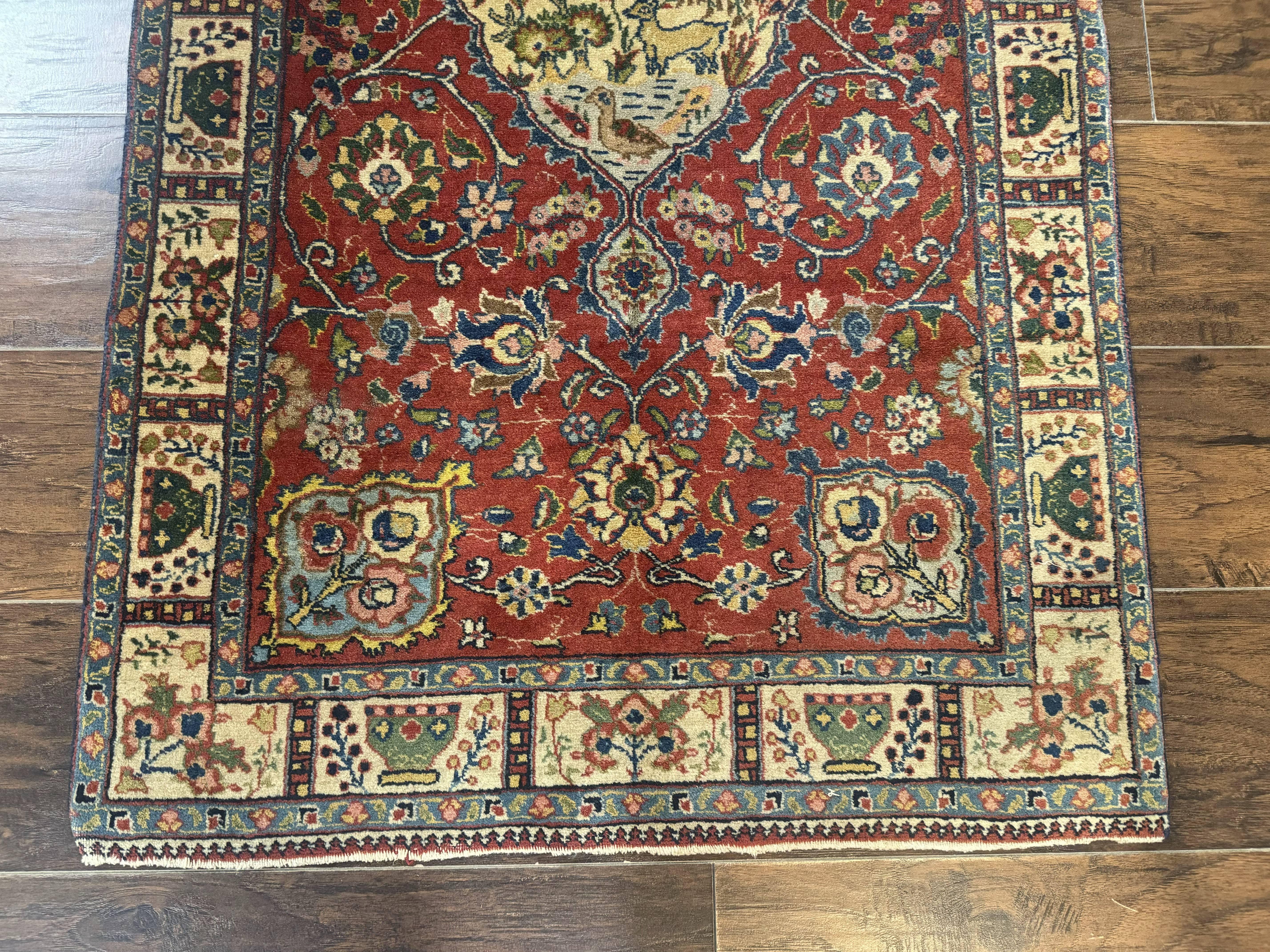 Small Persian Tabriz Rug 2.8 x 4.7, Red, Animal Pictorials, Semi Antique Vintage - Jewel Rugs