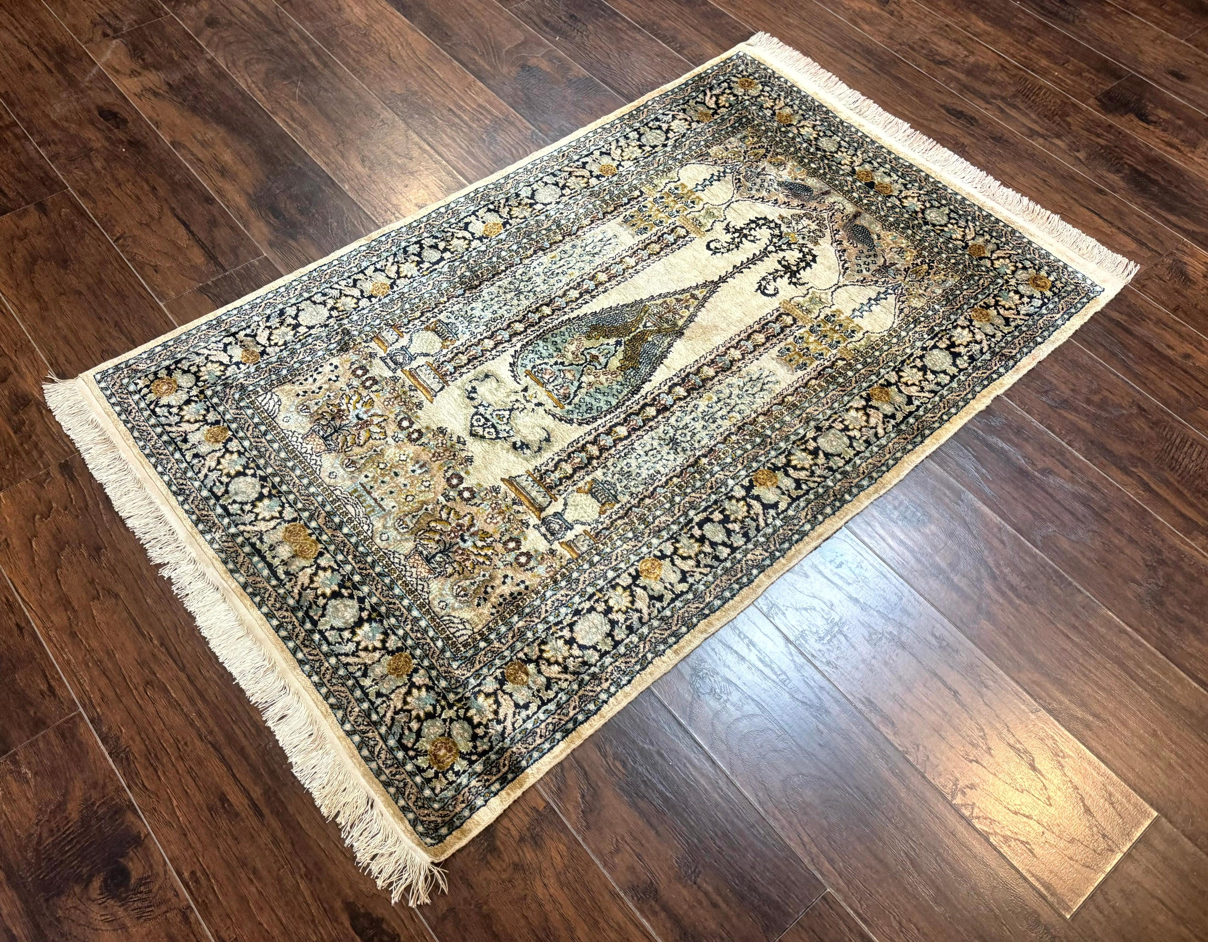 Silk Indian Kashmiri Rug 3x4, Very Fine 400 KPSI, Silk Prayer Rug, Handmade - Jewel Rugs