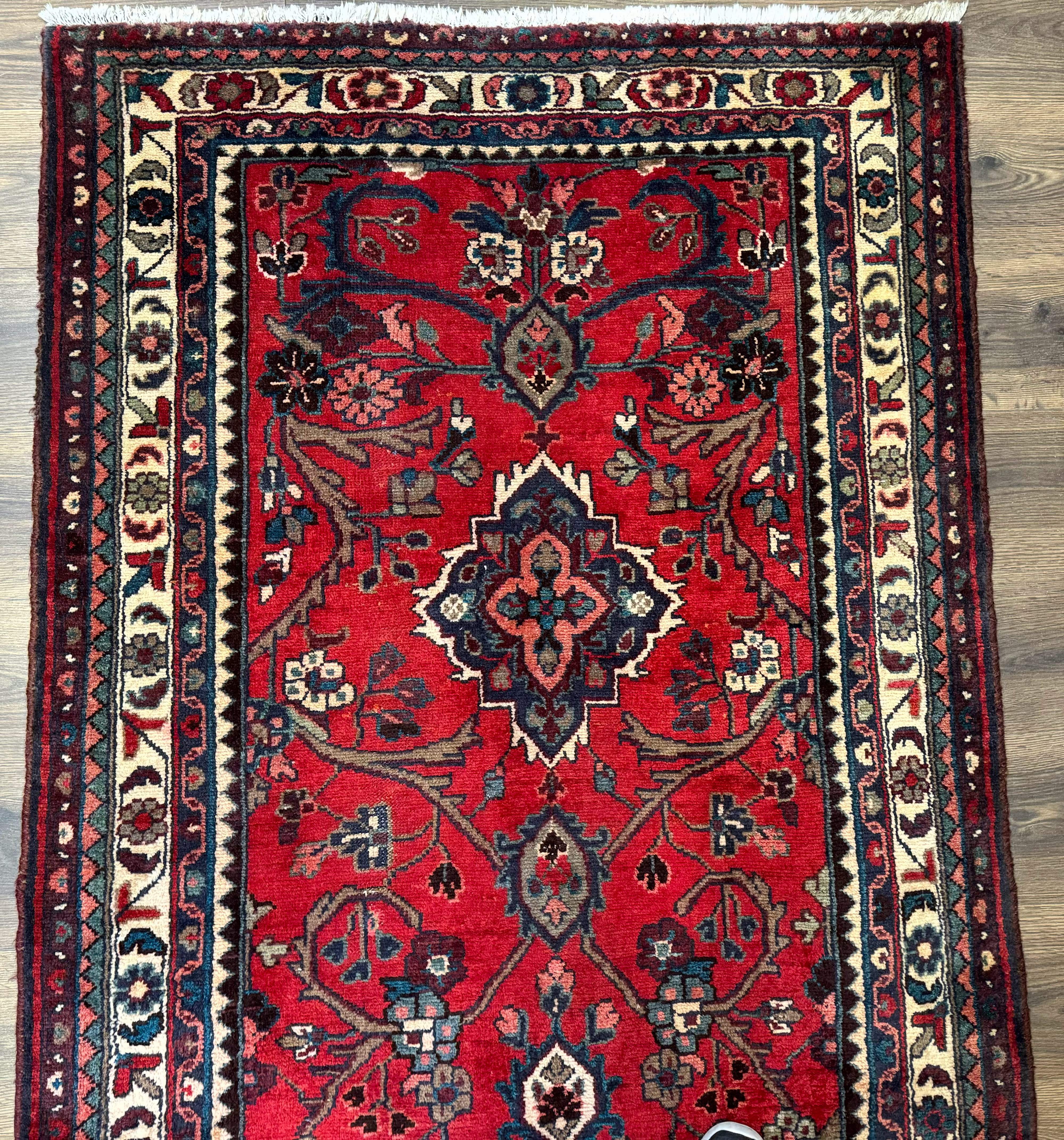 Persian Runner Rug 3.8 x 10, Red, Medallions, Hand Knotted Rug for Hallway, Hamadan Malayer - Jewel Rugs