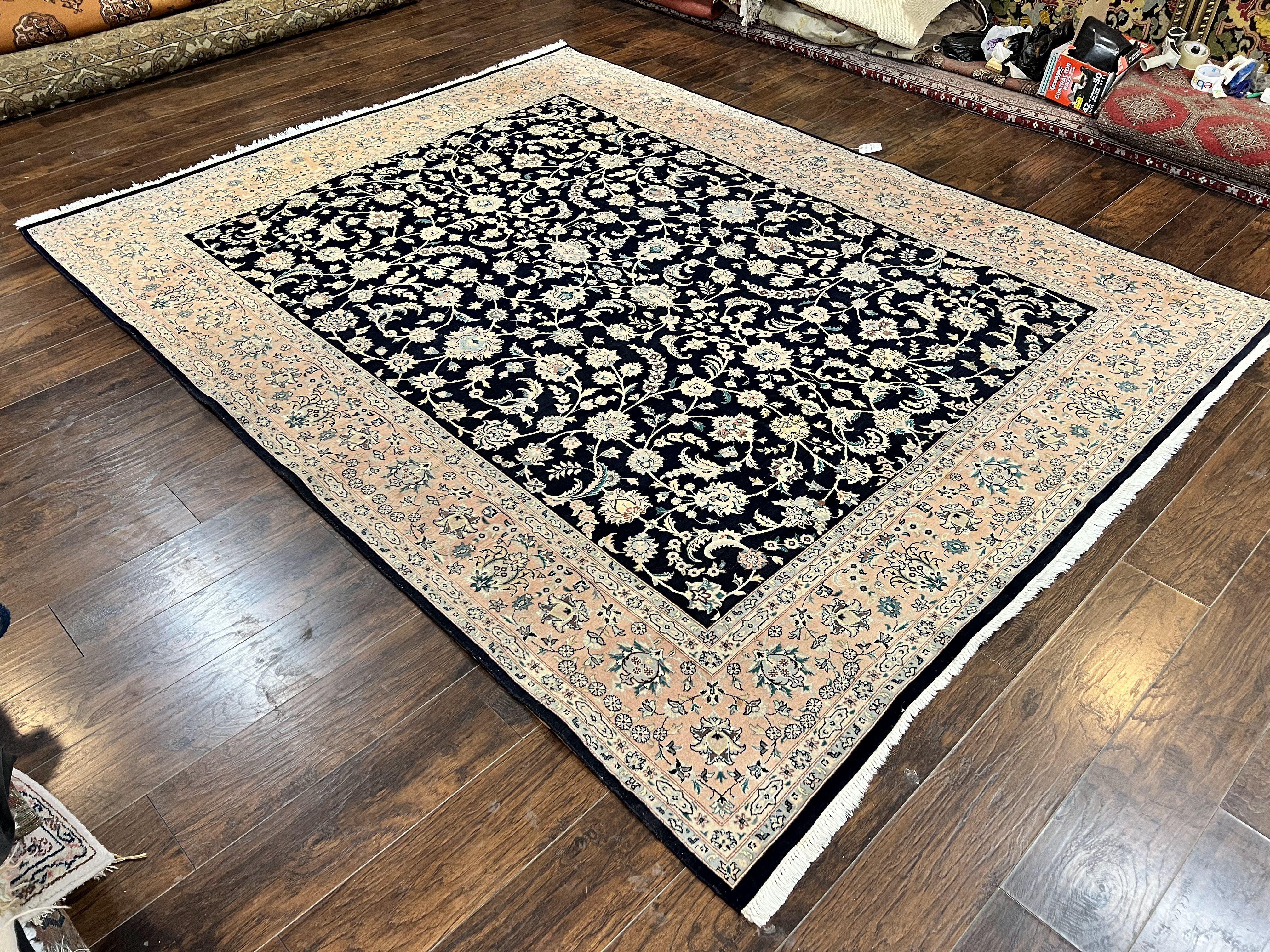 Pak Persian Rug 8x11, Fine Floral Allover Oriental Carpet 8 x 11 ft, Dark Blue and Pink, Room Sized Wool Vintage Rug, Hand Knotted Rug - Jewel Rugs