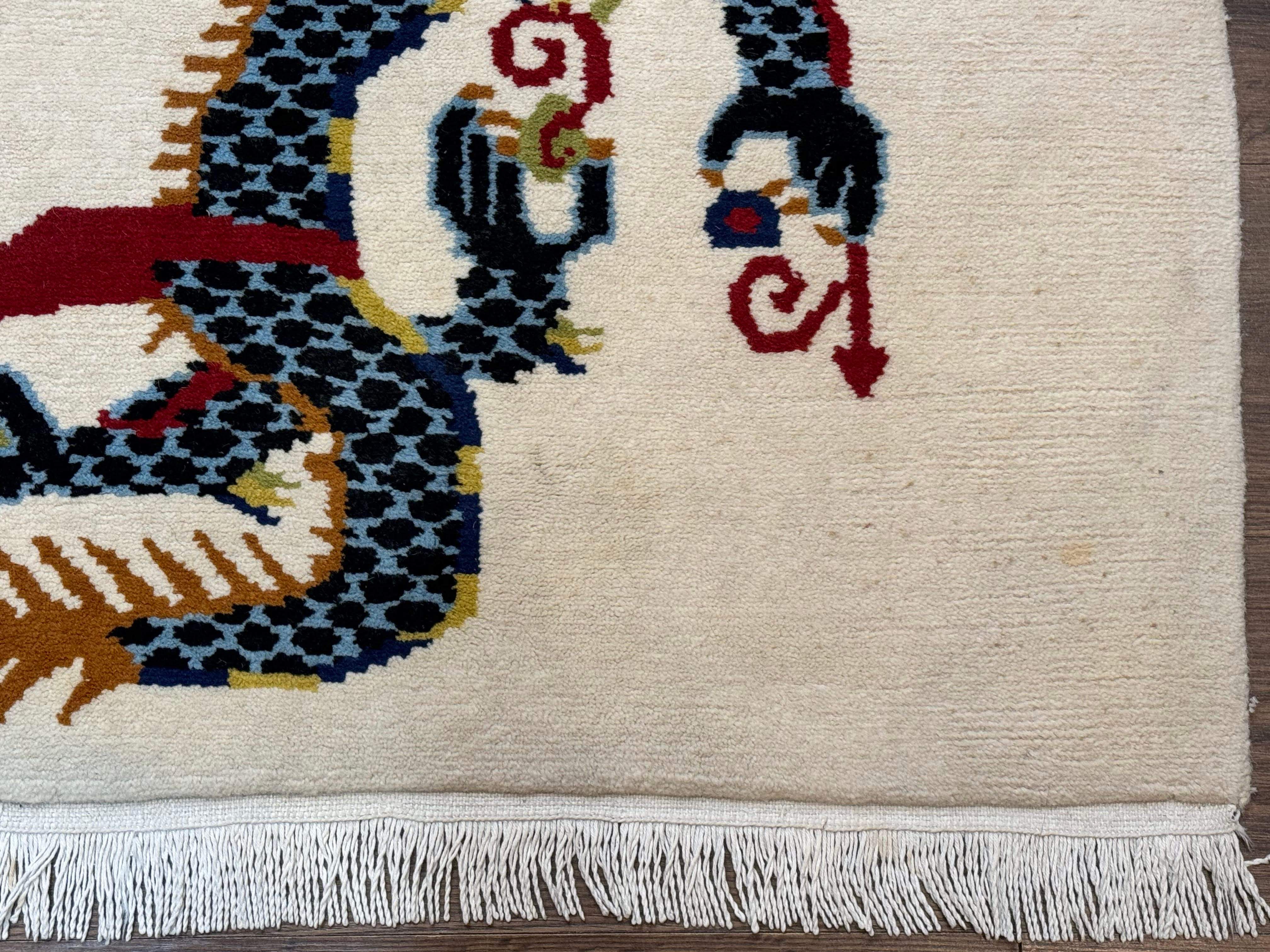 Chinese Double Dragon Rug 3x5 – Ivory, Hand-Knotted Wool Vintage - Jewel Rugs