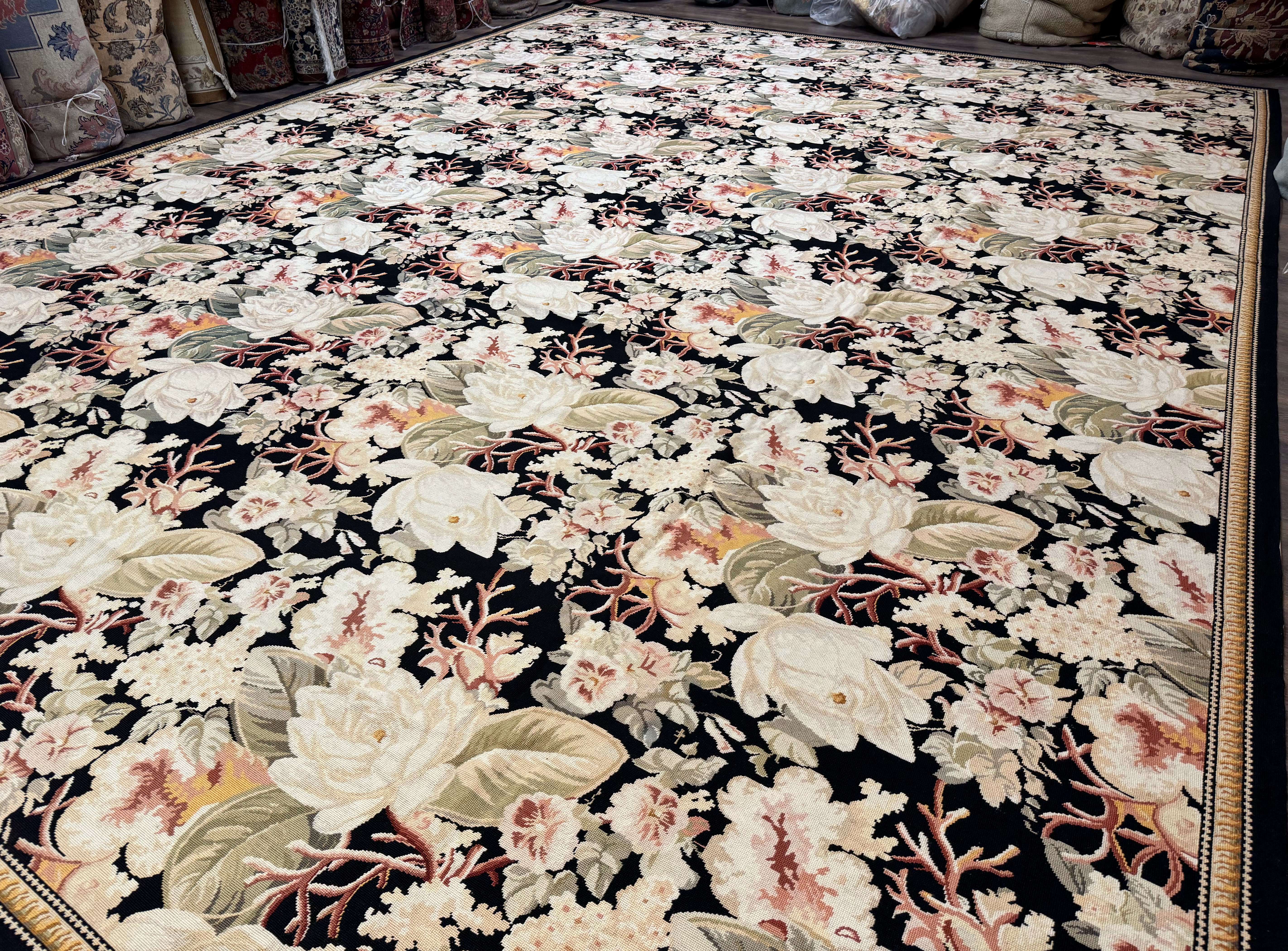 Palace Size Needlepoint Rug 13x17, Extra Large Wool Floral Handmade Carpet, European Design, Botanical - Jewel Rugs