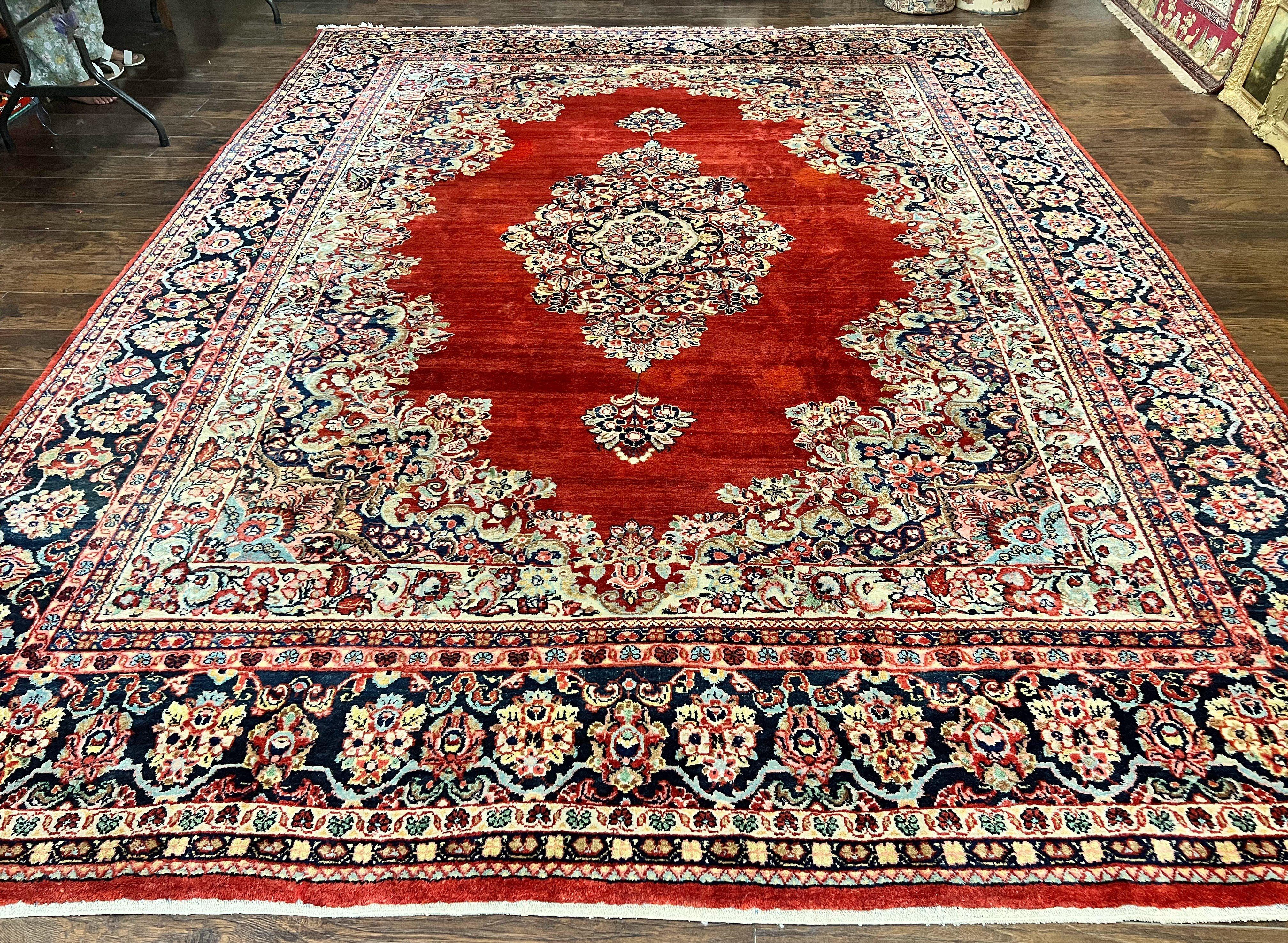Persian Sarouk Rug 11x14, Semi Open Field, Large Antique Persian Wool Handmade Carpet, Red and Dark Blue, Floral - Jewel Rugs