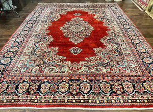 Persian Sarouk Rug 11x14, Semi Open Field, Large Antique Persian Wool Handmade Carpet, Red and Dark Blue, Floral