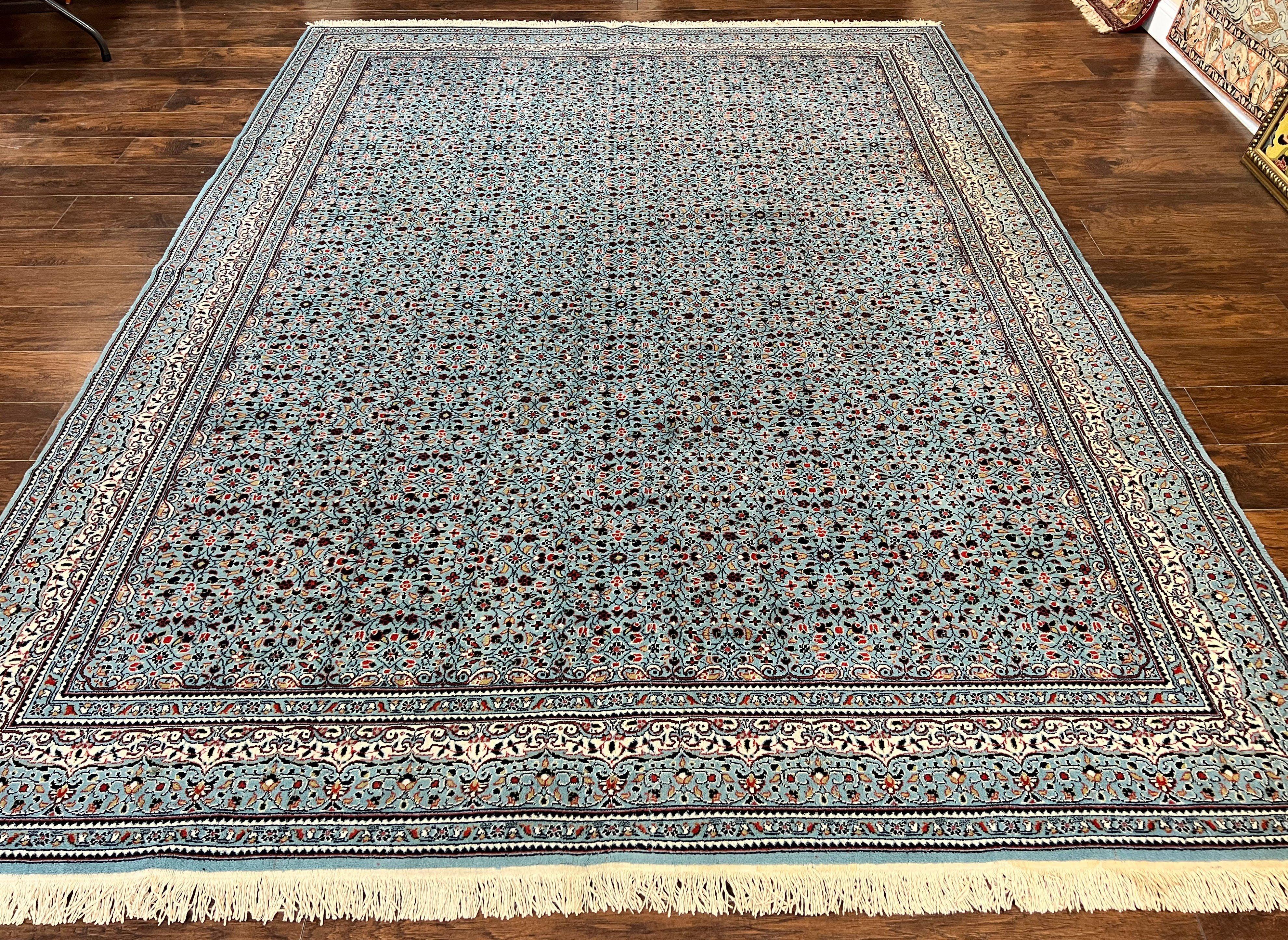 Belgium Power Loomed Rug 8x11, Turkish Hereke Design, Allover Pattern, Light Blue & Ivory, Room Sized Wool Vintage Oriental Carpet - Jewel Rugs