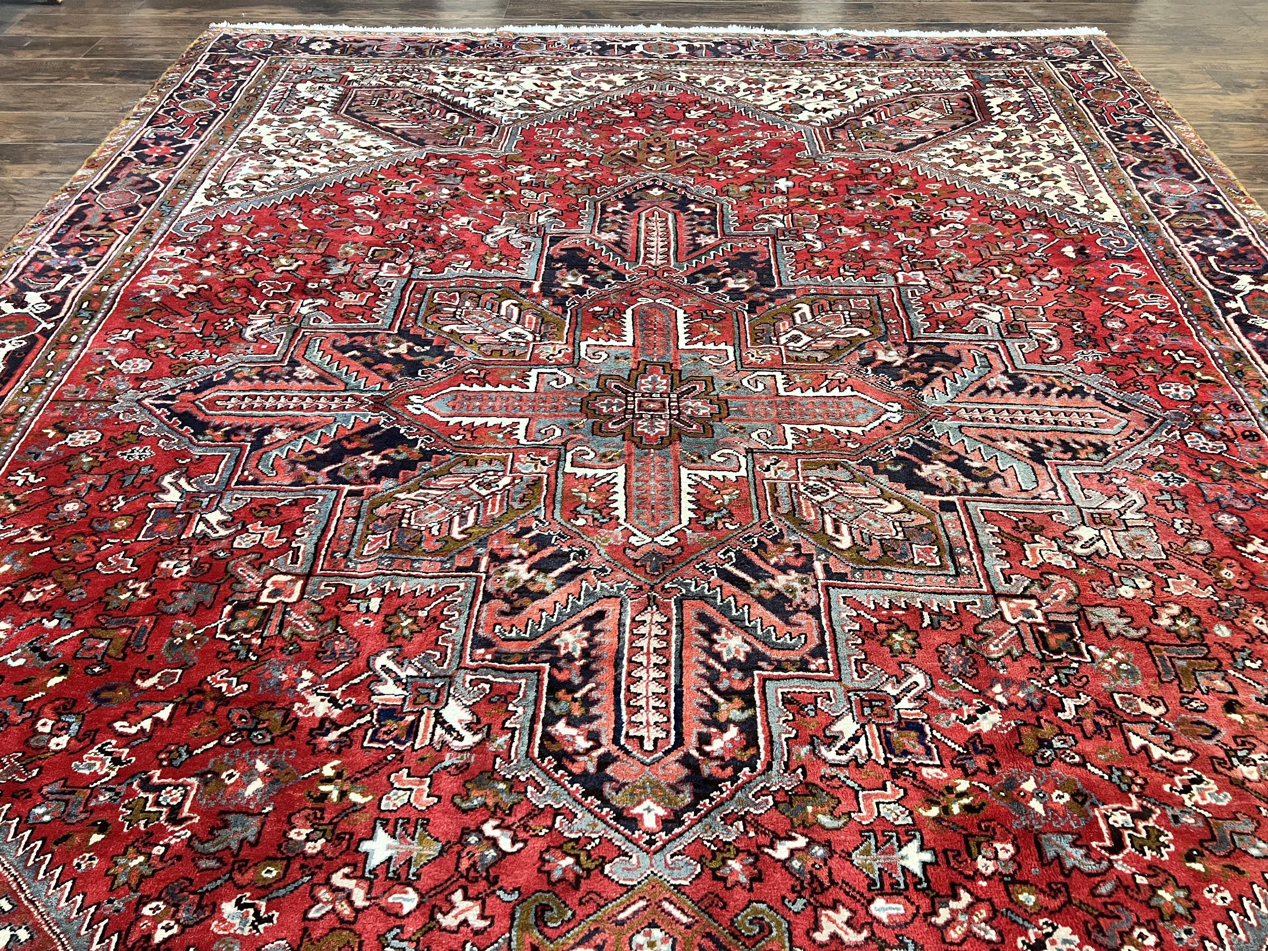 Large Persian Heriz Rug 10x13, Wool Hand Knotted Antique Carpet, Red and Ivory, Geometric Tribal Room Sized Rug, Decorative Oriental Rug - Jewel Rugs