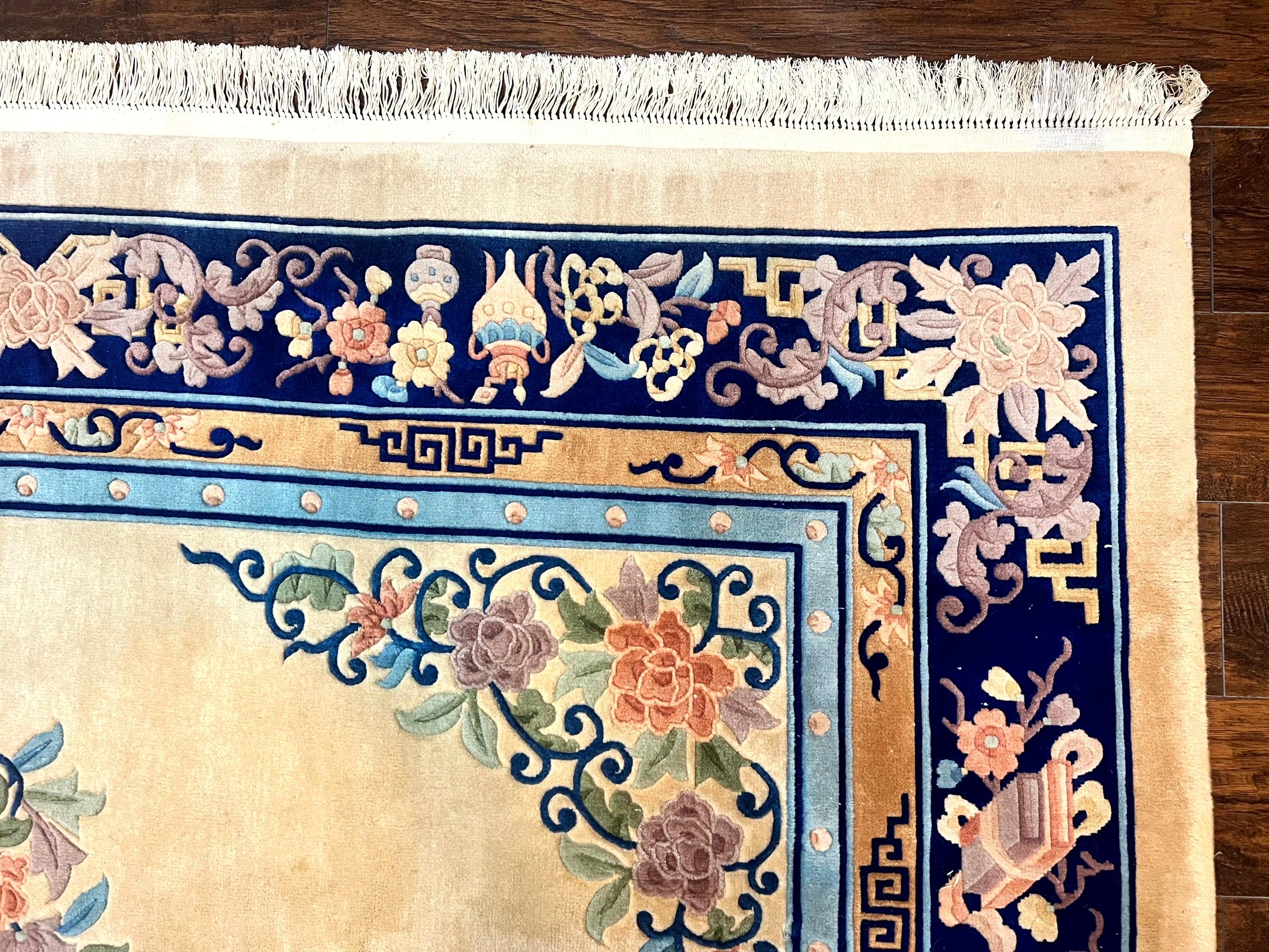 Chinese Wool Rug 8x11, Peking Asian Oriental Carpet, Cream/Ivory and Blue, Vintage Handmade Rug, Art Deco Rug - Jewel Rugs