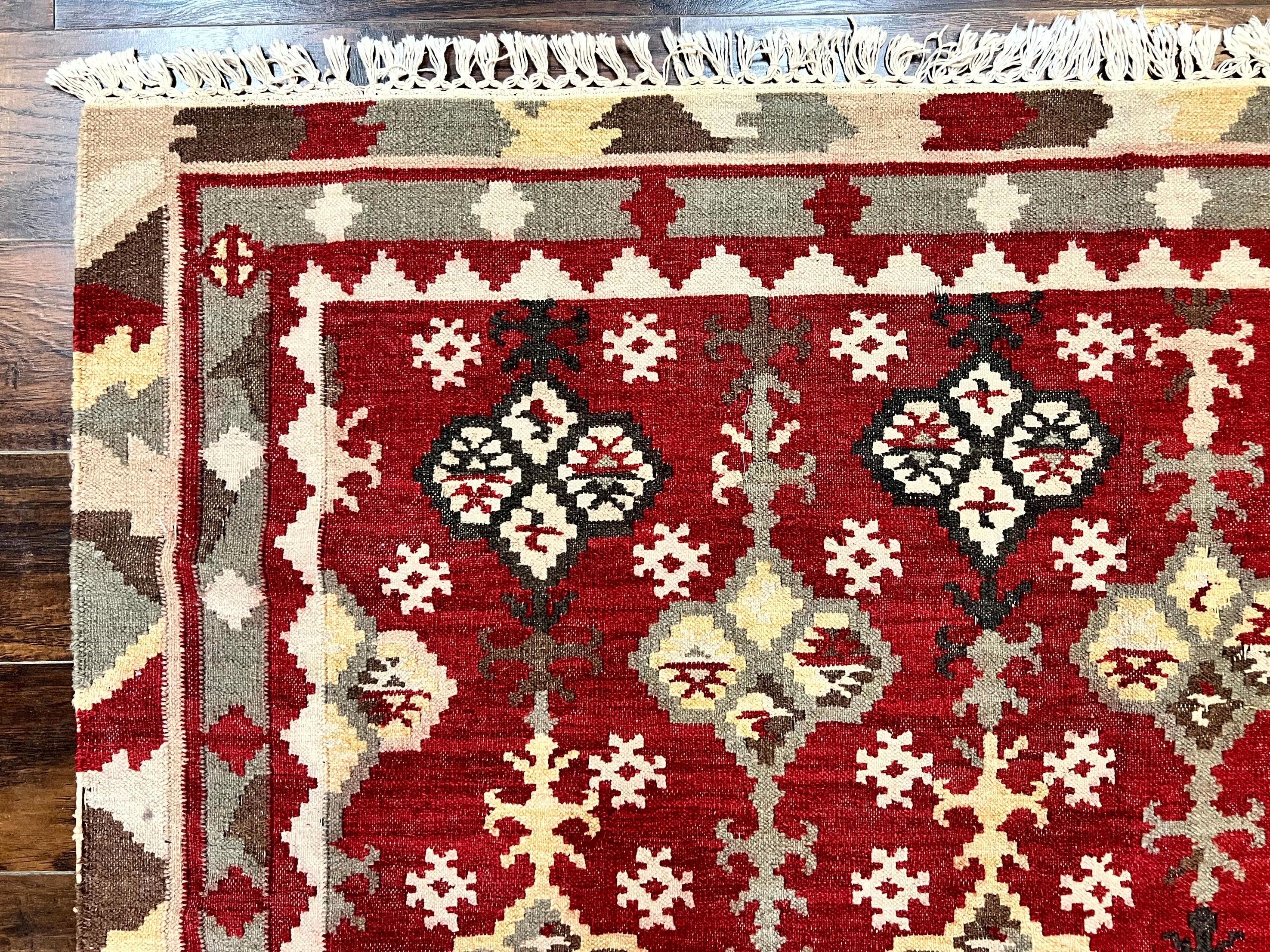 Indian Kilim Rug 6x6, Square Kilim Flatweave Carpet, Vintage Handmade Wool Rug, Red - Jewel Rugs