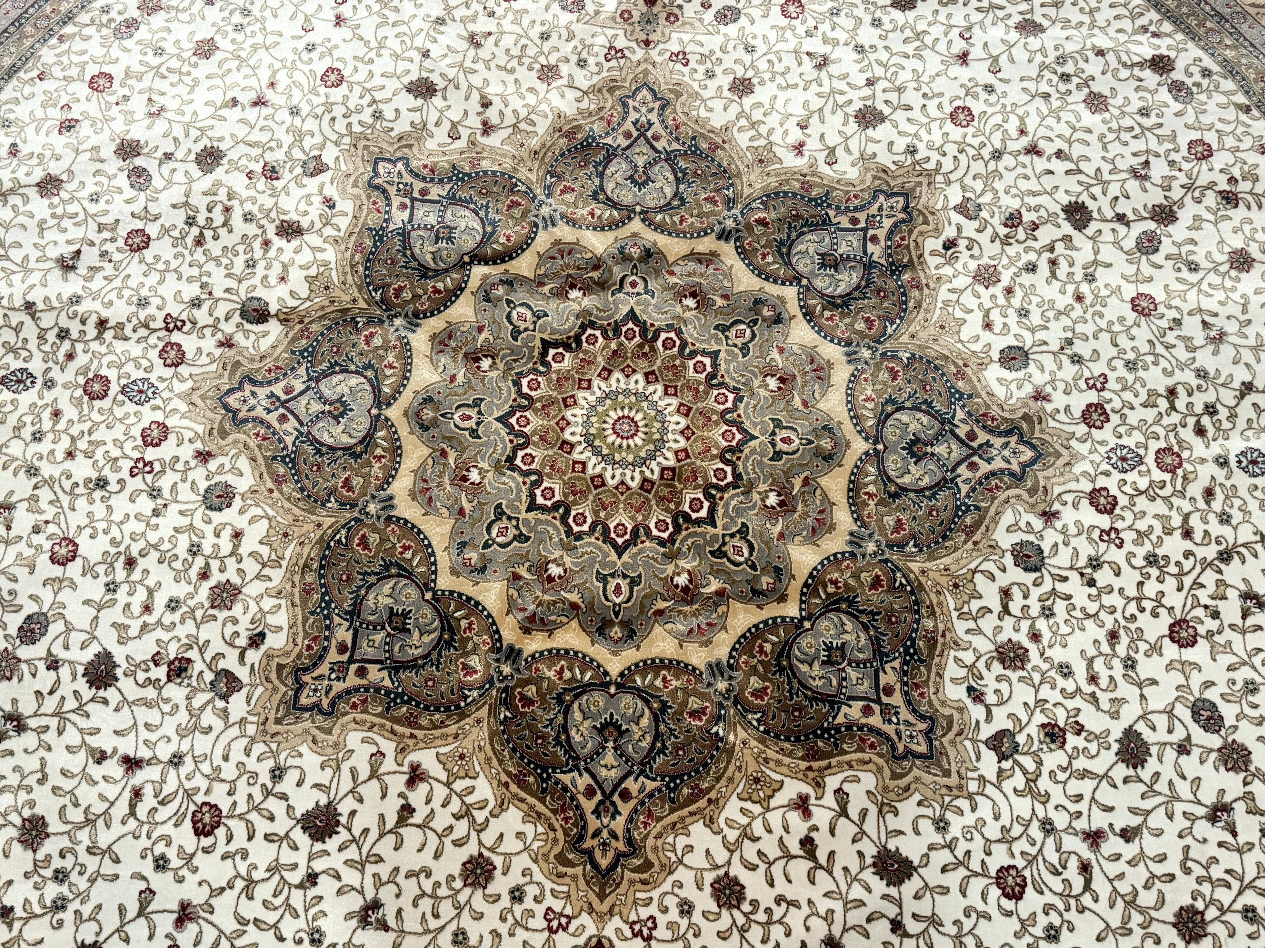 Large Turkish Round Silk Rug 8x8 ft, Floral Medallion, Ivory & Navy Blue, Bamboo Silk, New - Jewel Rugs