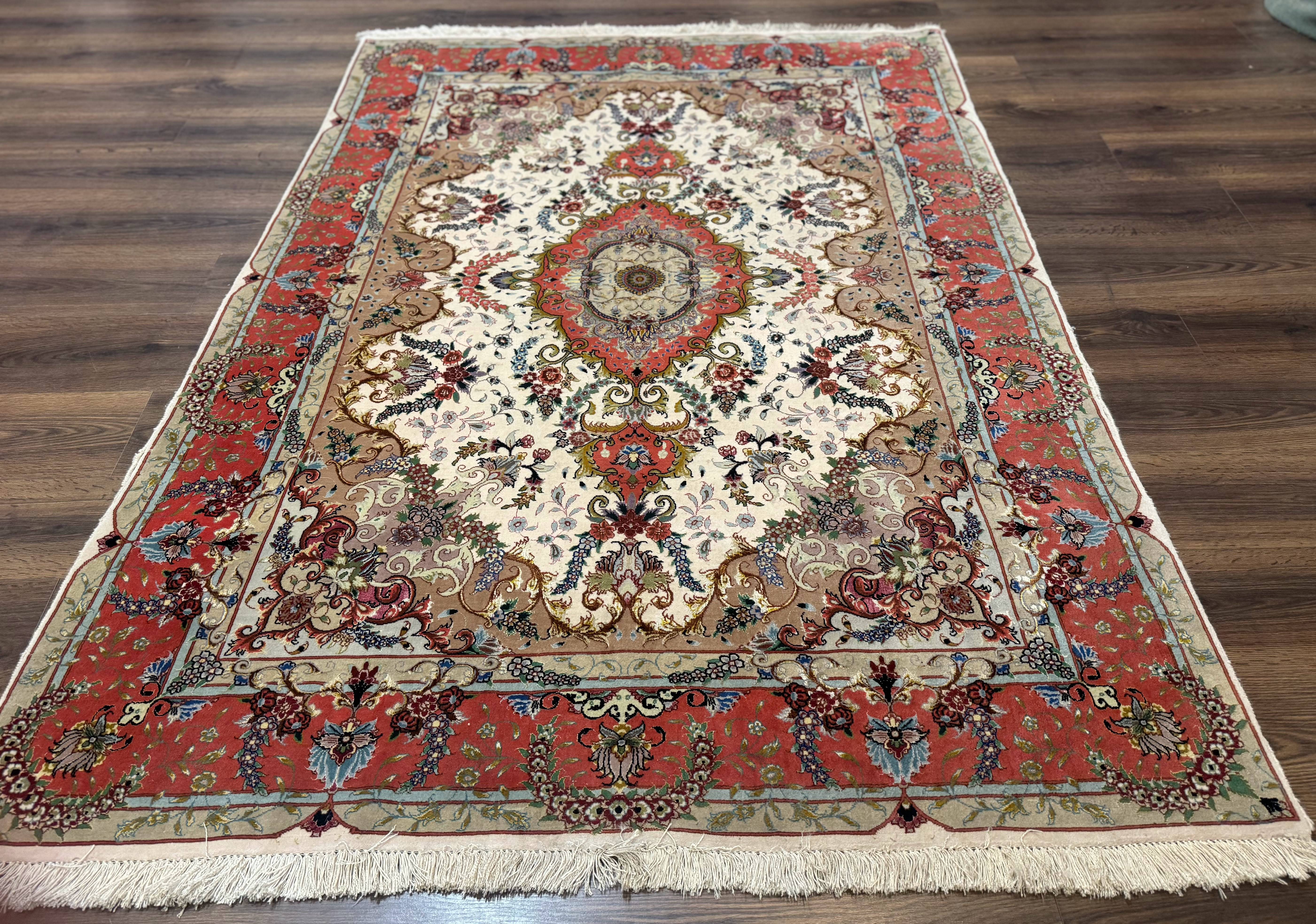 Wonderful Persian Tabriz Rug 5x7, Very Fine 440 KPSI, Ivory and Coral, Rare - Jewel Rugs