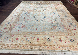 Peshawar Rug 9x12, Chobi Pakistani Carpet, Light Blue and Oatmeal, Vintage Handmade Wool Rug