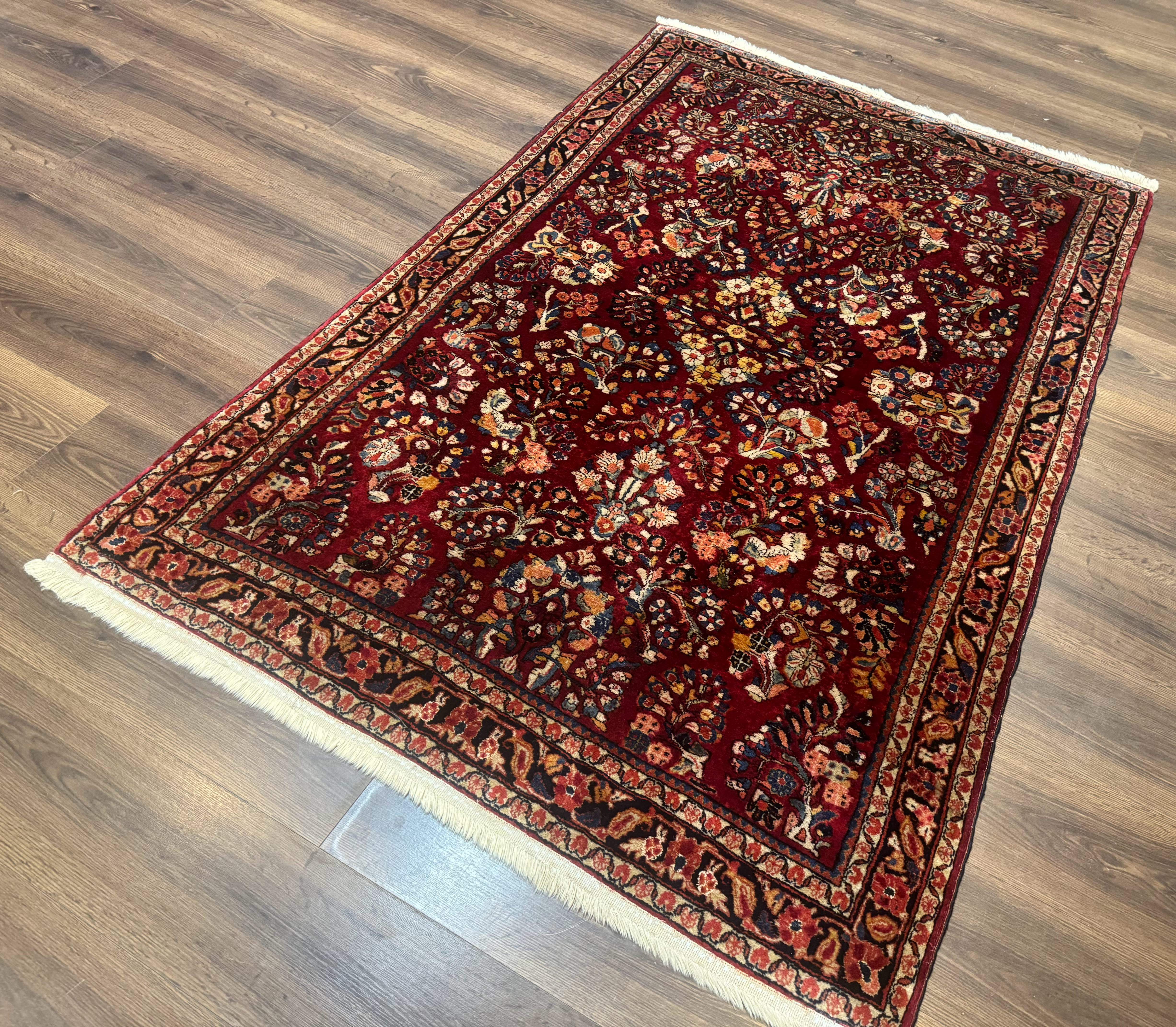 Antique Persian Sarouk Rug 4x6, Floral, Red, Wool Hand Knotted Fine 225 KPSI - Jewel Rugs